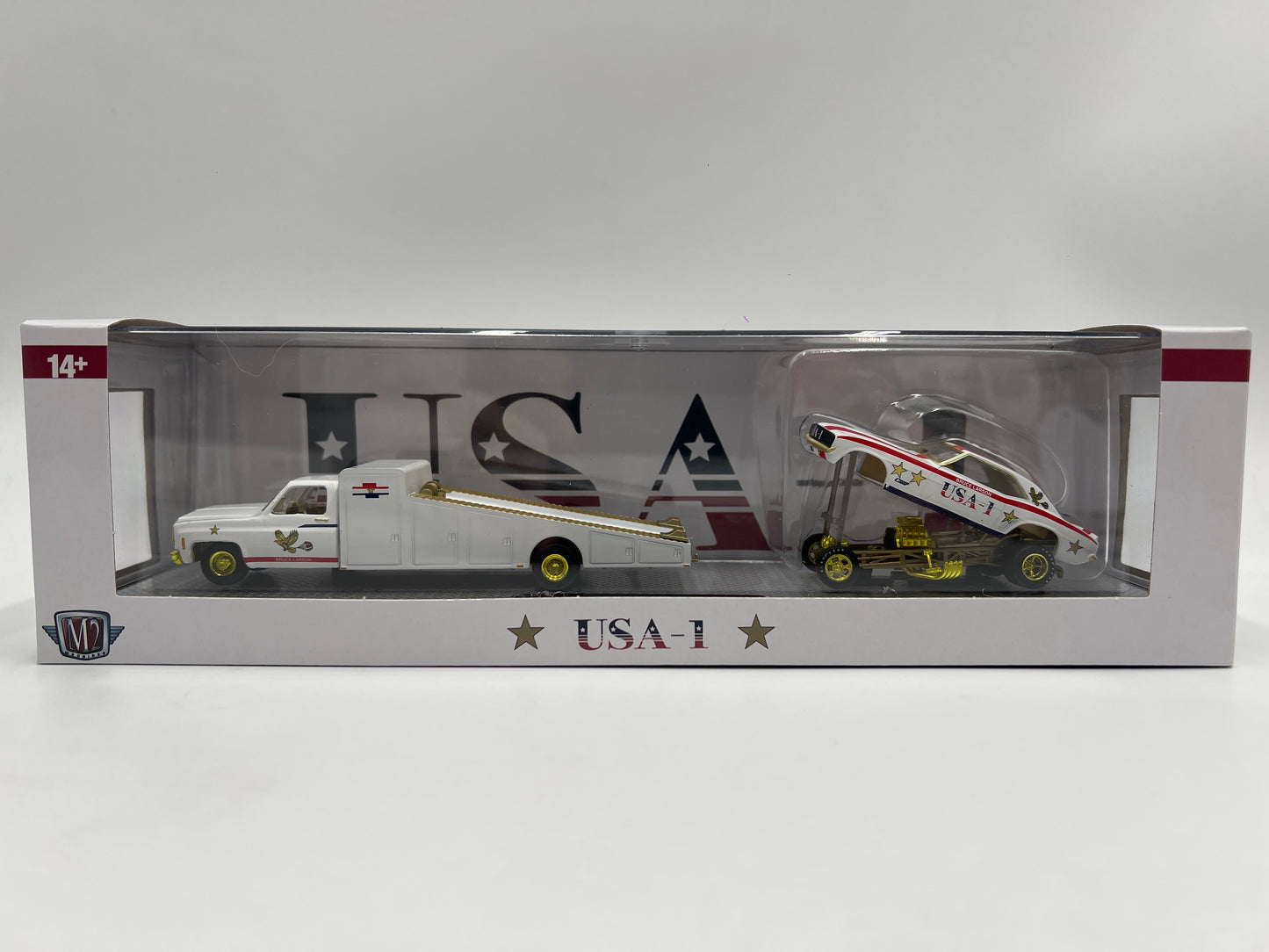 2025 M2 Machines Auto Haulers CHASE 1973 Chevrolet C30 Truck & 1969 Chevrolet Camaro Funny Car USA-1 S44