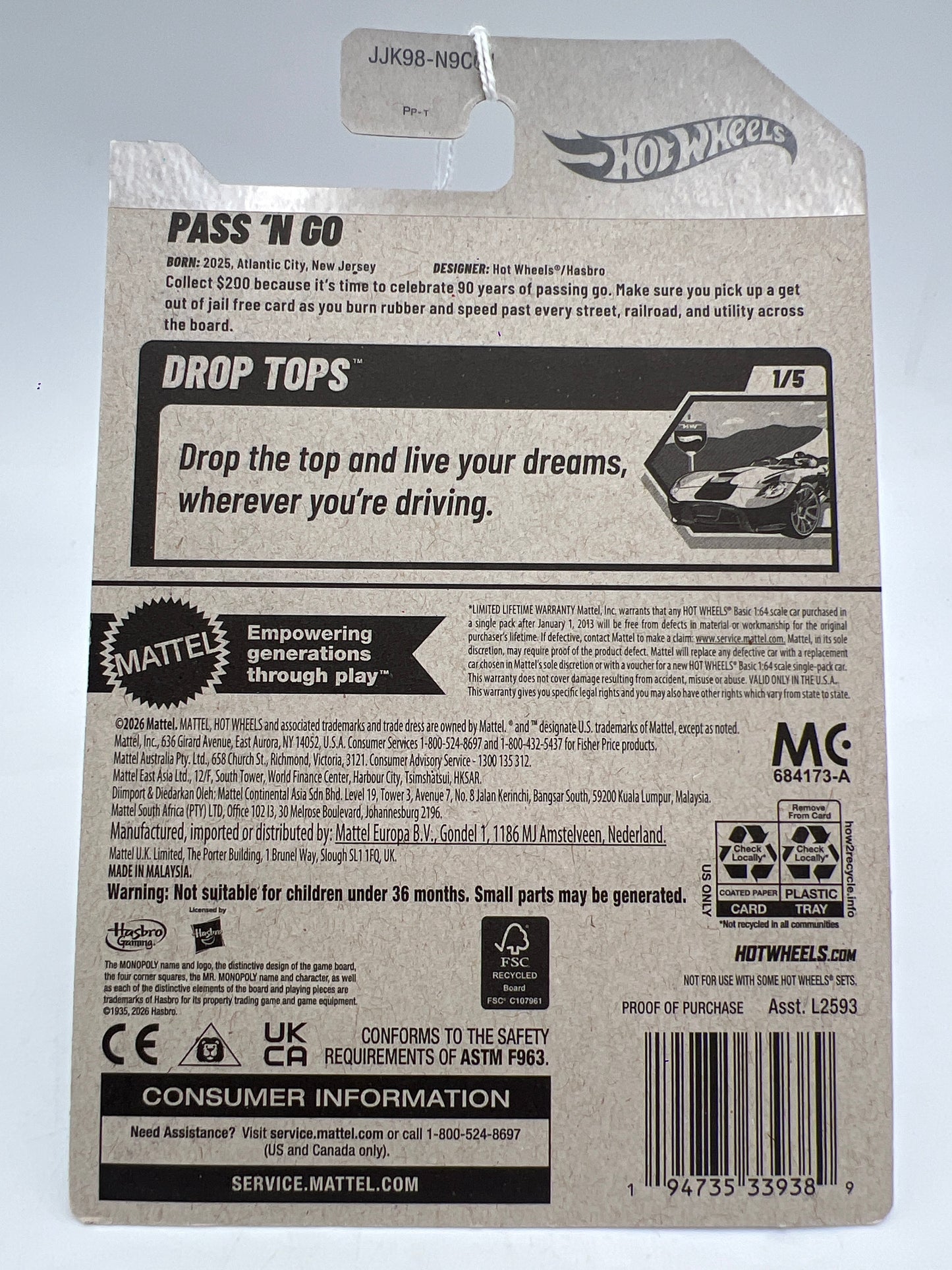 2026 Hot Wheels J Case #5 Monopoly Pass N Go White