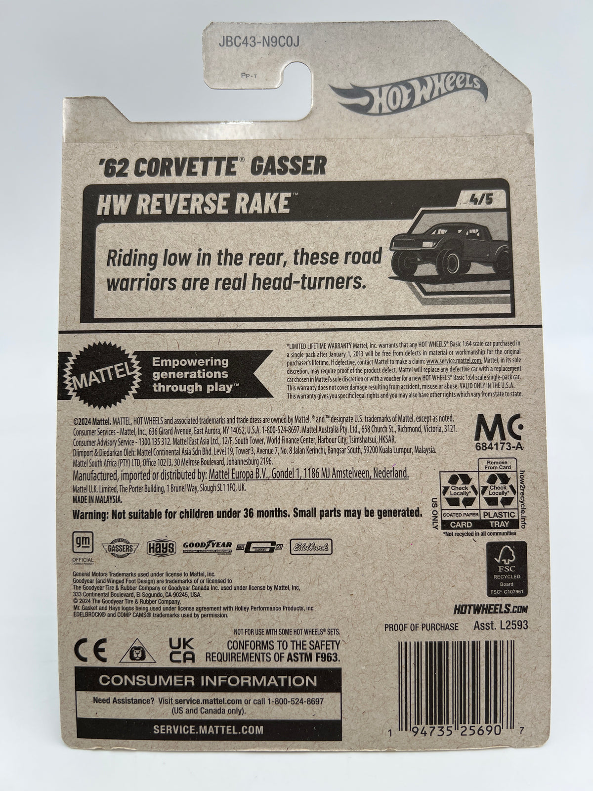 2025 Hot Wheels Factory Sealed Super Treasure Hunt & Mainline #182 62 Corvette Gasser W/Protector