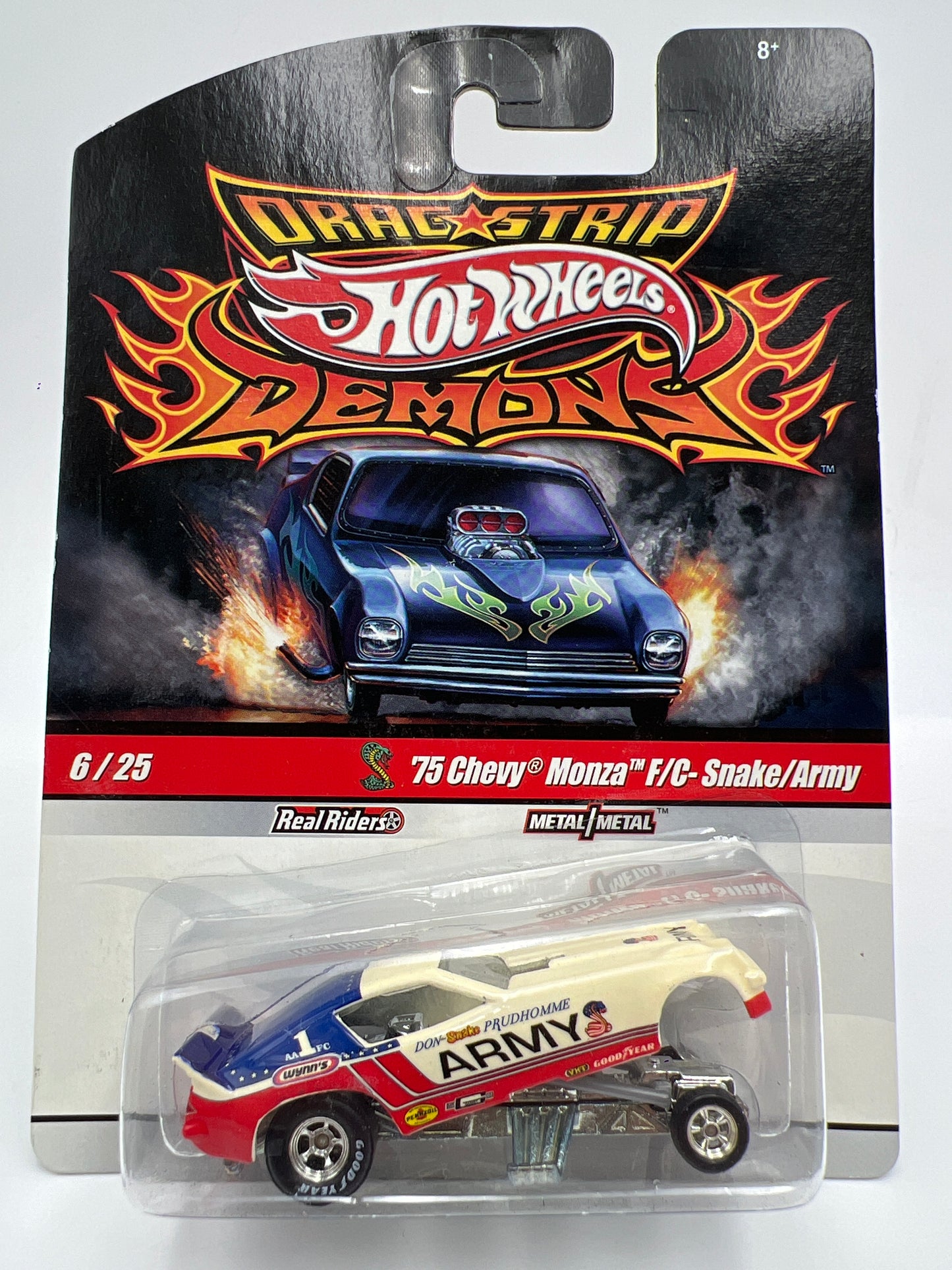 Hot Wheels Drag Strip Demons #6 75 Chevy Monza F/C Snake/Army W/Protector