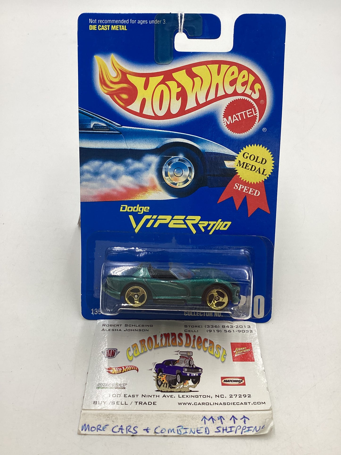 Hot Wheels Blue Card Collector No. 210 Dodge Viper R/T 10 Green 3SP Gold Wheels 240F