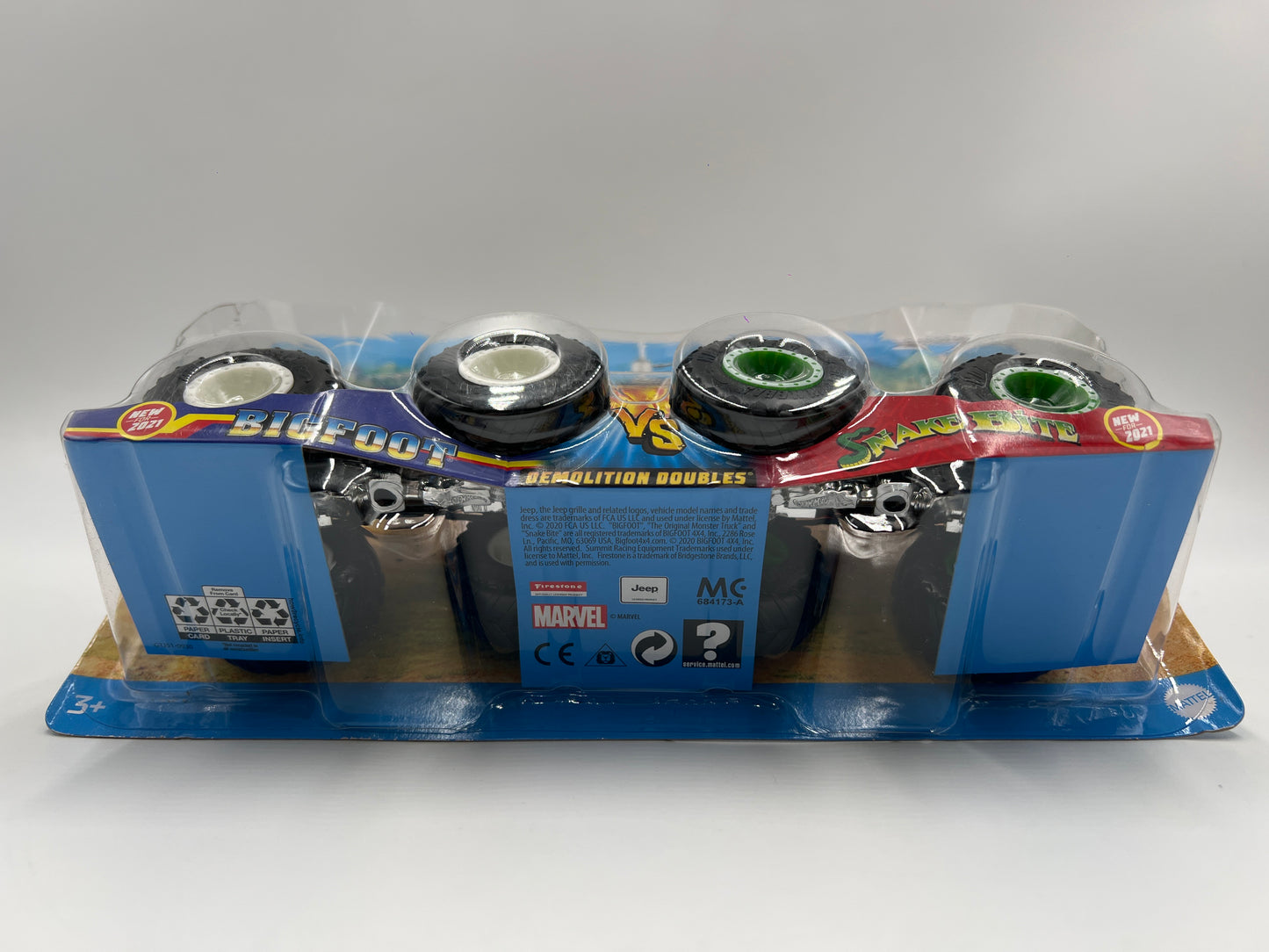 2021 Hot Wheels Monster Trucks Demolition Doubles Bigfoot Vs Snake Bite Cracked Blister