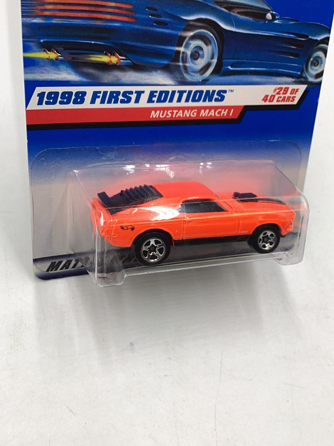 1998 First Edition Hot Wheels #670 Mustang Mach 1 Neon Orange with protector