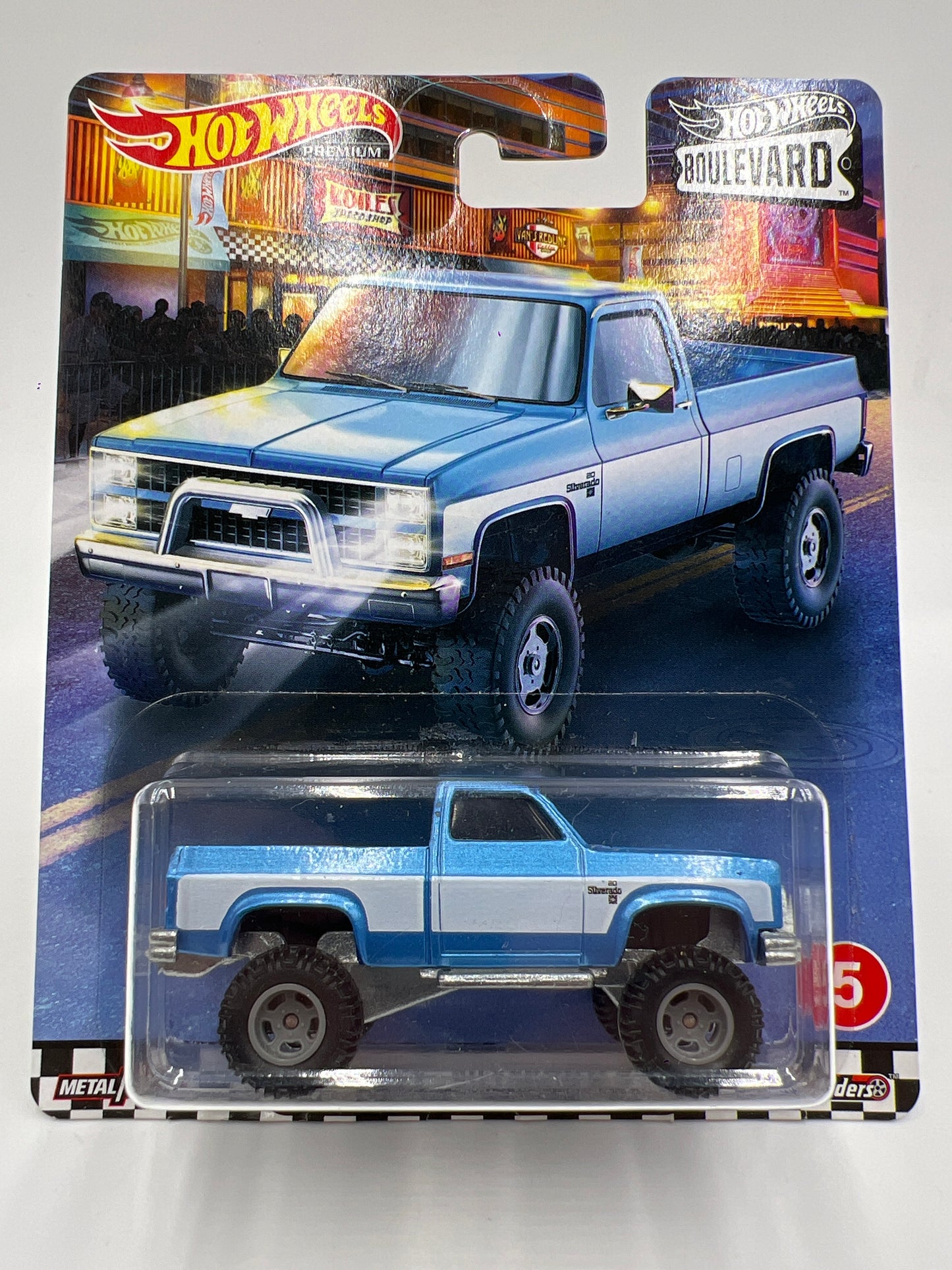 Hot Wheels Premium Boulevard #5 83 Chevy Silverado 4x4 Blue W/Protector Partial Reglue Blister