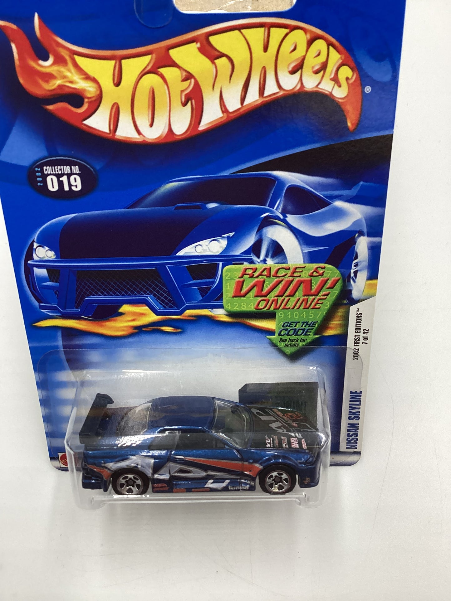 2002 Hot Wheels First Editions Collector #019 Nissan Skyline Blue 5SP Wheels Race and Win Card SR