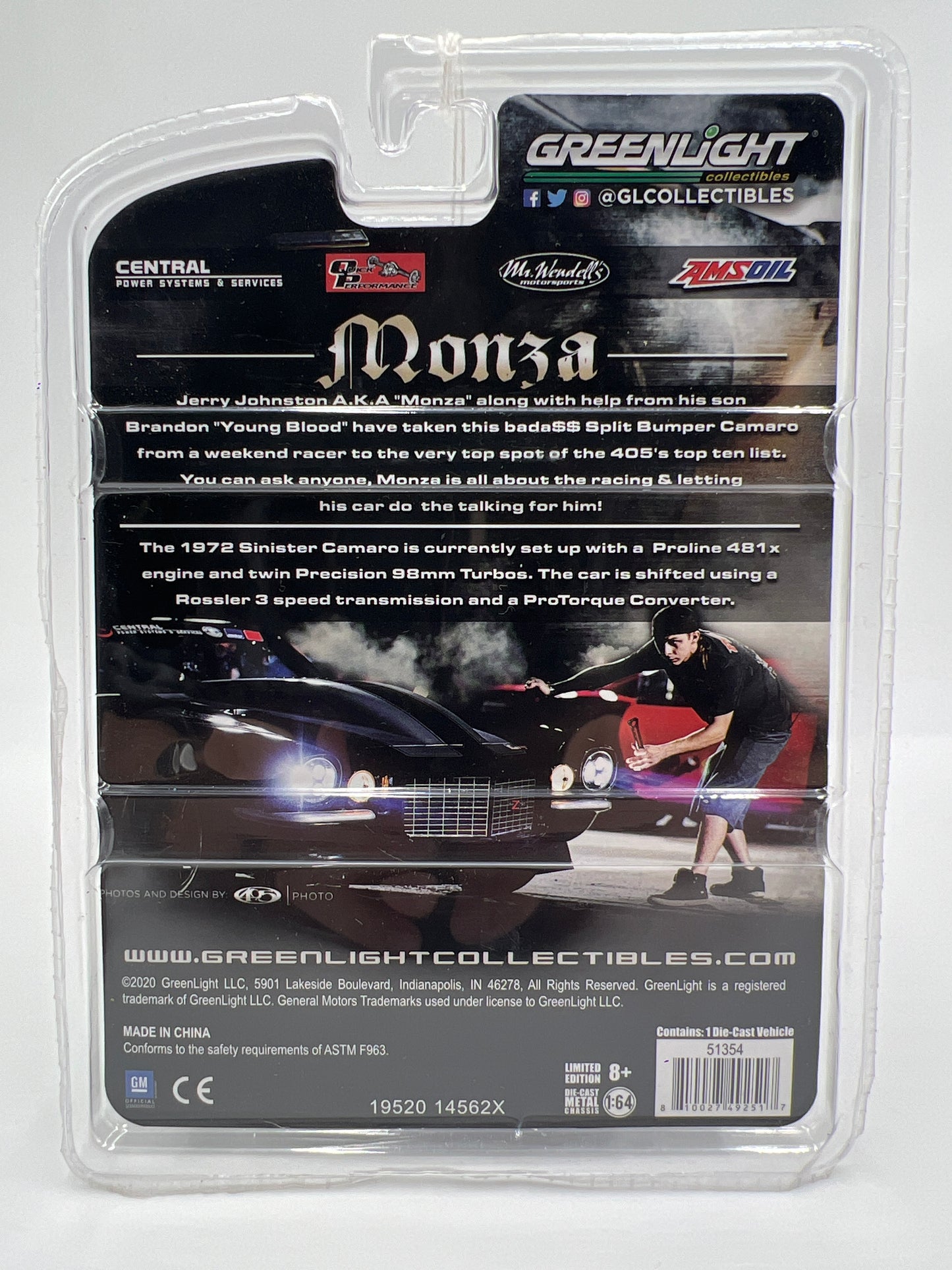 Greenlight Street Outlaws Monza SIGNED 1972 Sinister Split Bumper Camaro Black