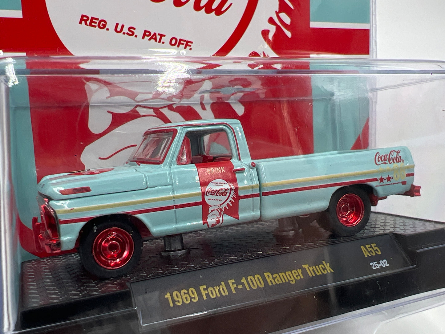 2025 M2 Machines Coca Cola CHASE 1969 Ford F-100 Ranger Truck Light Blue A55