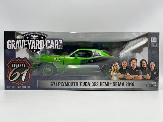 Highway 61 1:18 Scale Graveyard Carz 1971 Plymouth Cuda 392 Hemi Green SEMA 2016 VHTF