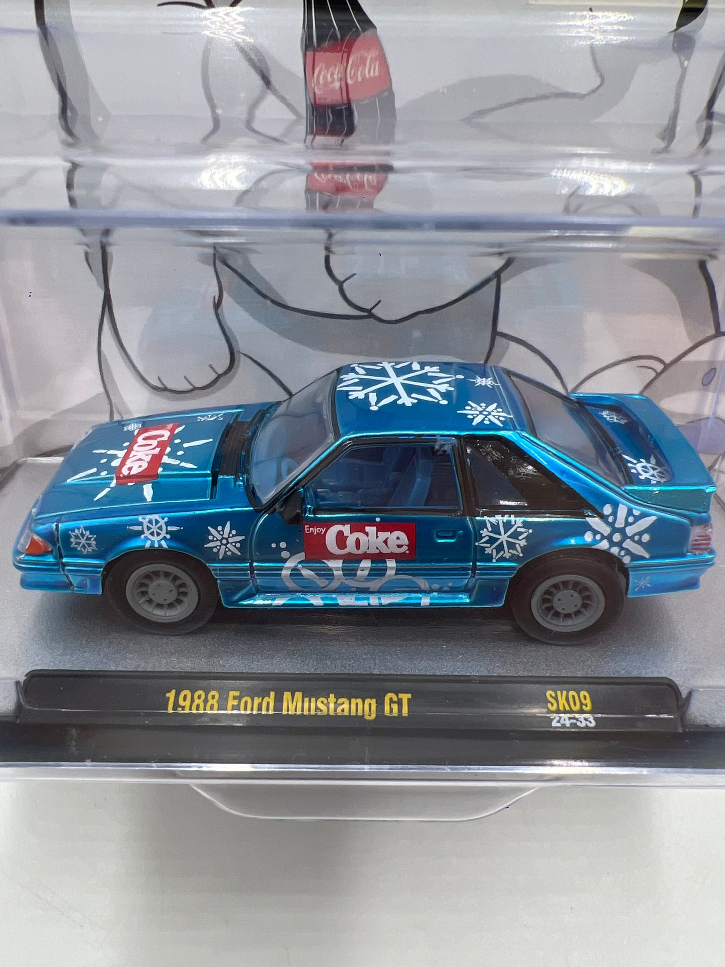 2024 M2 Machines Holiday Coca Cola 1988 Ford Mustang GT Blue SK09