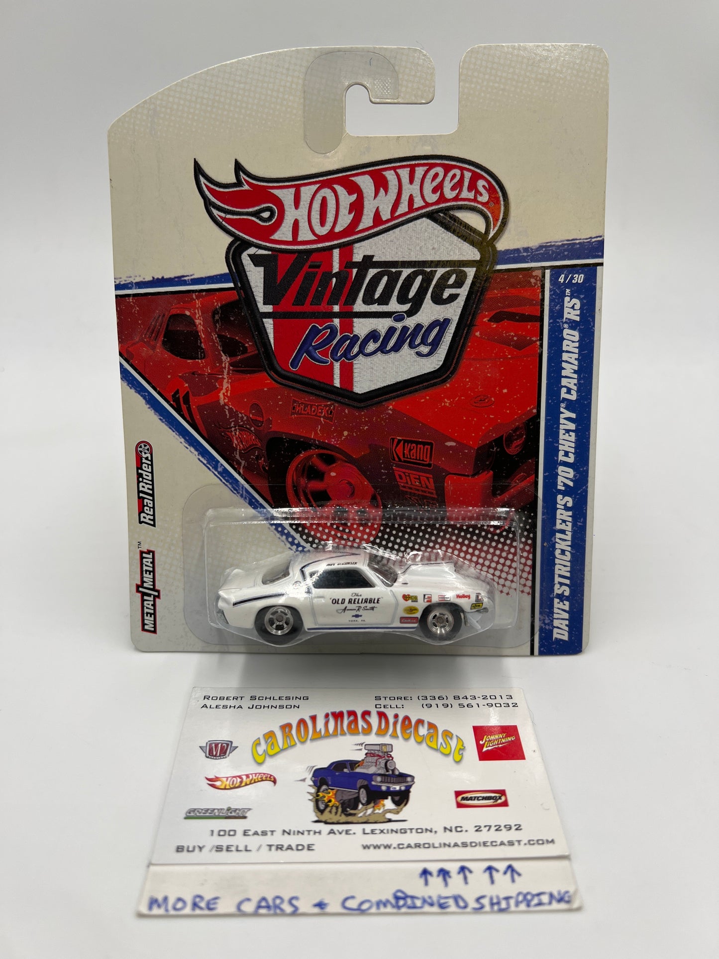 Hot Wheels Premium Vintage Racing #4 Dave Stricklers 70 Chevy Camaro RS White W/Protector