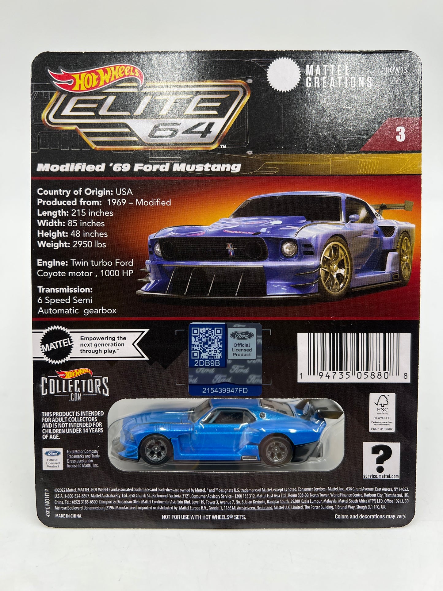 Hot Wheels RLC Elite 64 #3 Modified 69 Ford Mustang Blue W/Protector