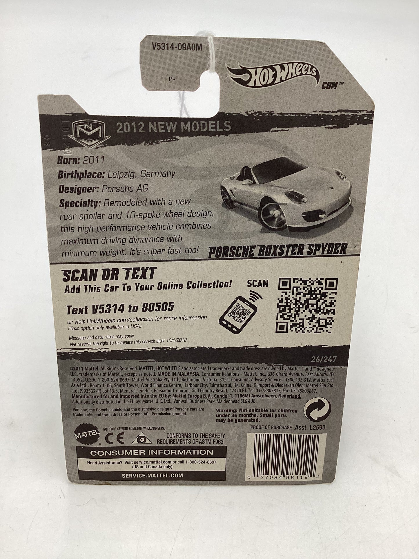 2012 Hot Wheels New Models #26 Porsche Boxster Spyder White “Bad Card”