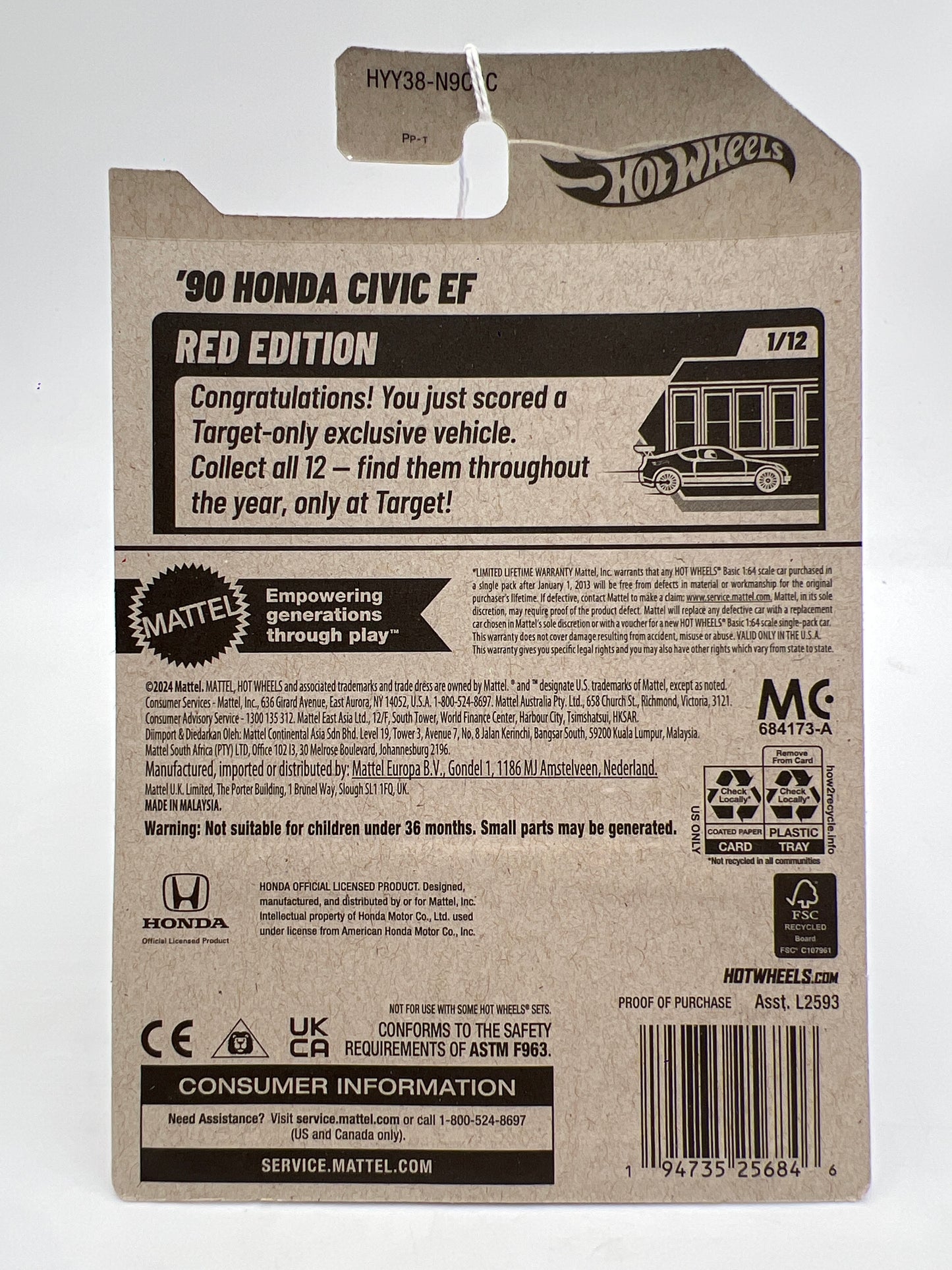 2025 Hot Wheels Target Red Edition #28 90 Honda Civic EF Red