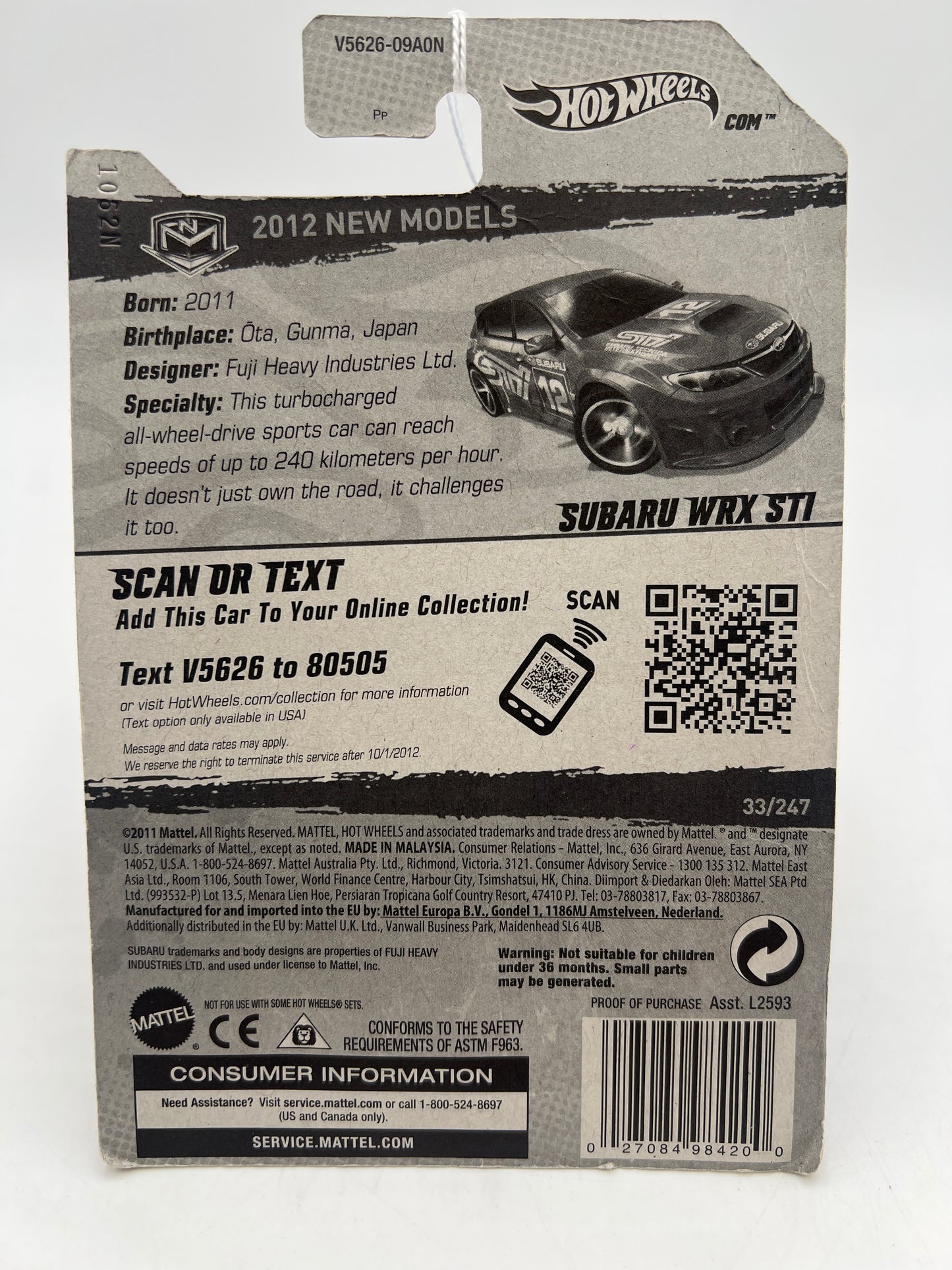 2012 Hot Wheels New Models #33 Walmart Exclusive Redline Wheels Subaru WRX STi Red *Bad Card* 237F