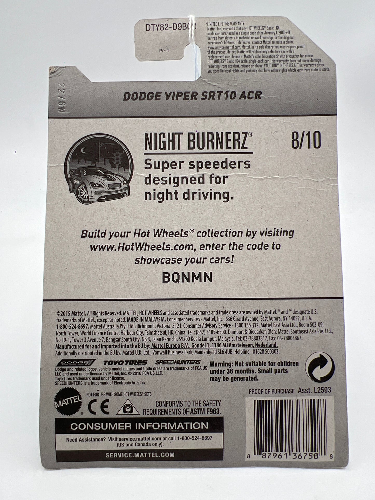 2017 Hot Wheels Night Burnerz Dodge Viper SRT10 ACR Light Blue (Card Not Perfect) 140C