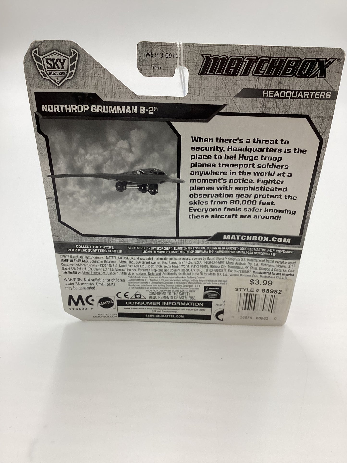 2012 Matchbox Skybusters HQ Northrop Grumman B-2 Gold 114D