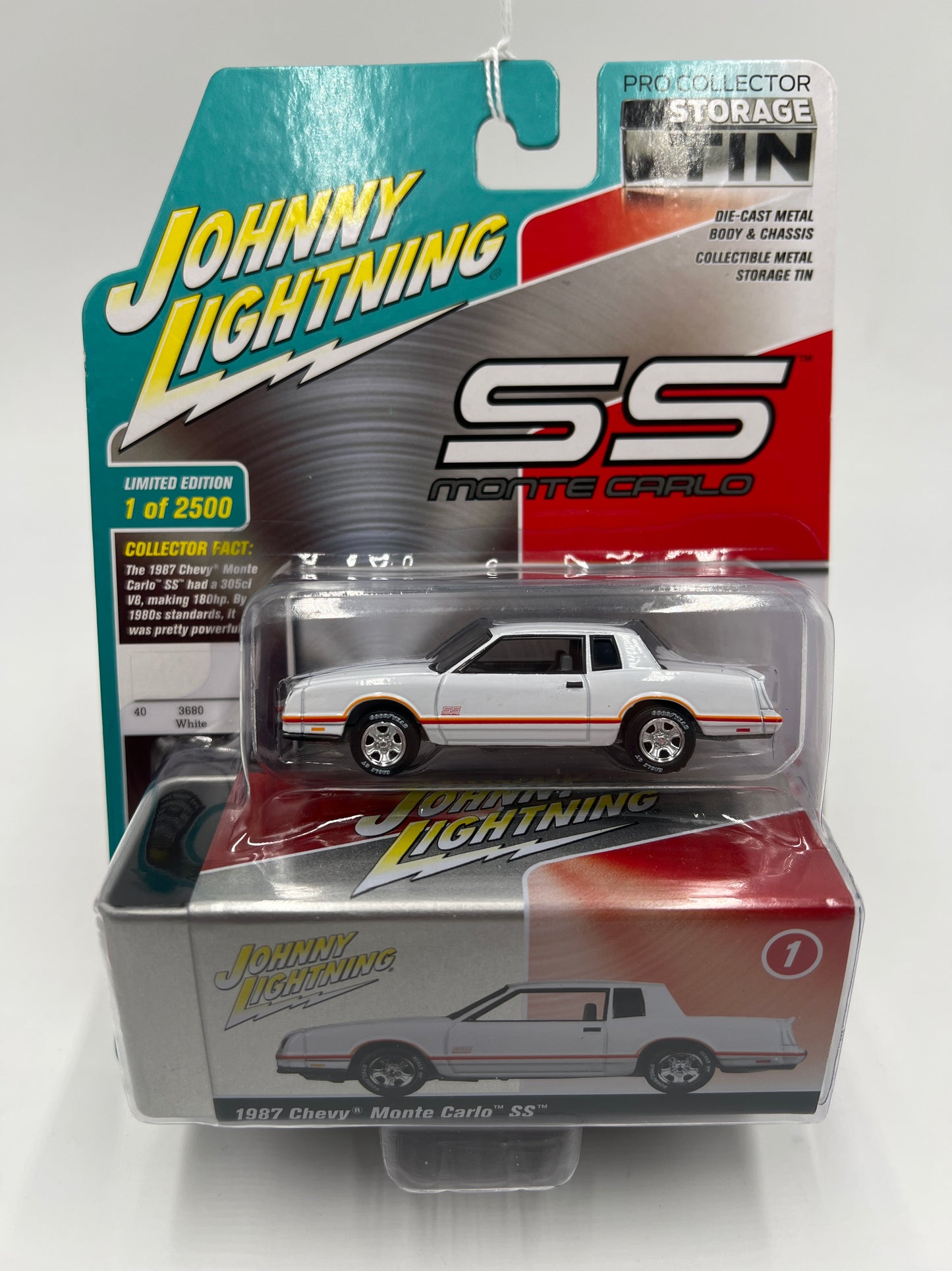 Johnny Lightning Storage Tin Release 1 Version A 1987 Chevy Monte Carlo SS White 1/2500