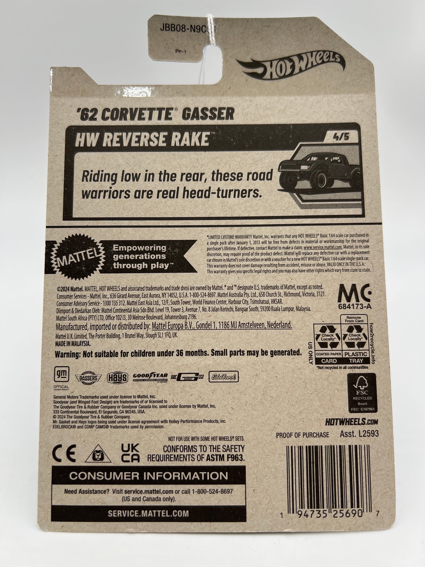 2025 Hot Wheels J Case HW Reverse Rake #182 62 Corvette Gasser Gray 8D