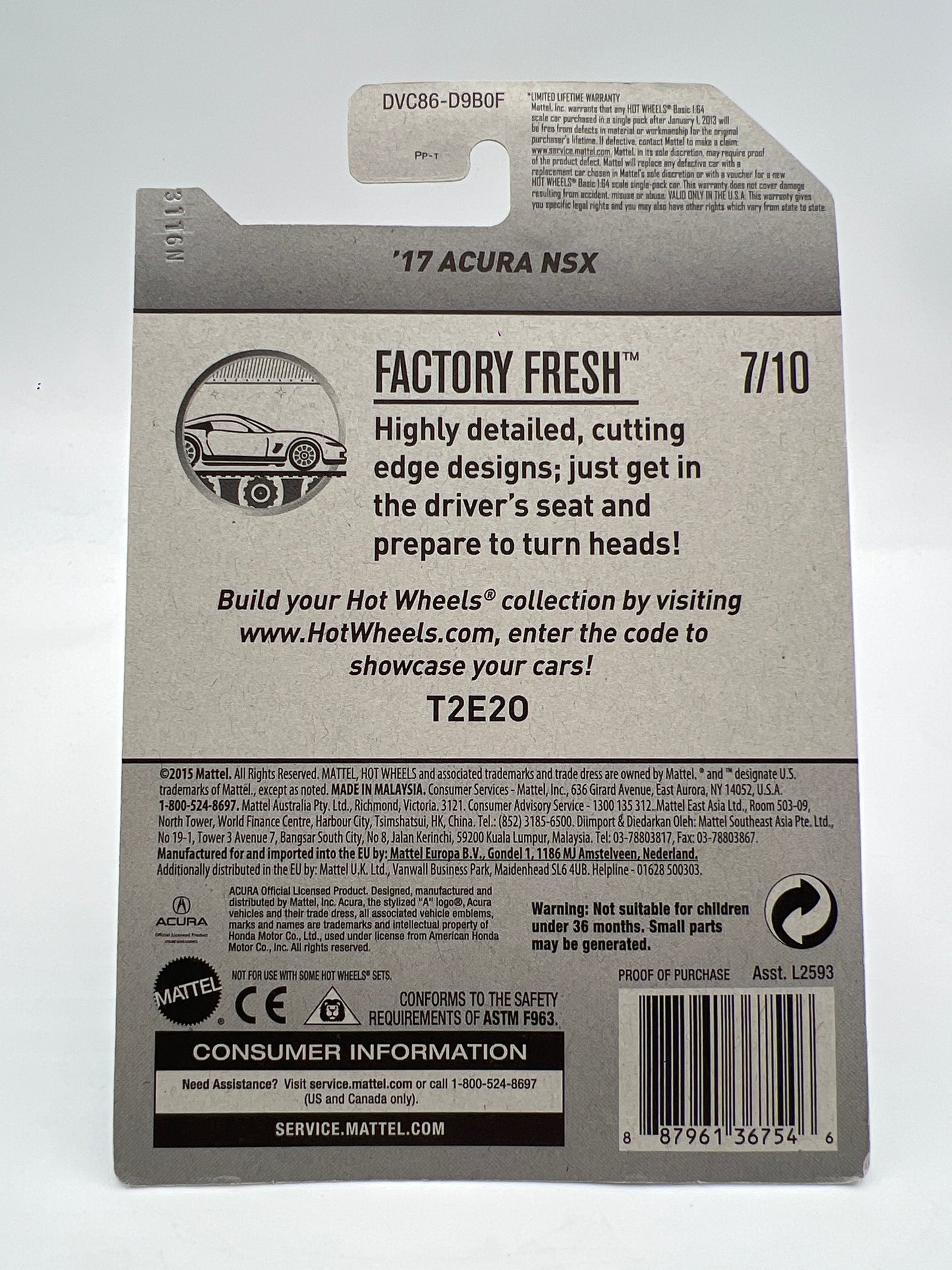 2017 Hot Wheels Super Treasure Hunt 17 Acura NSX Gold W/Protector