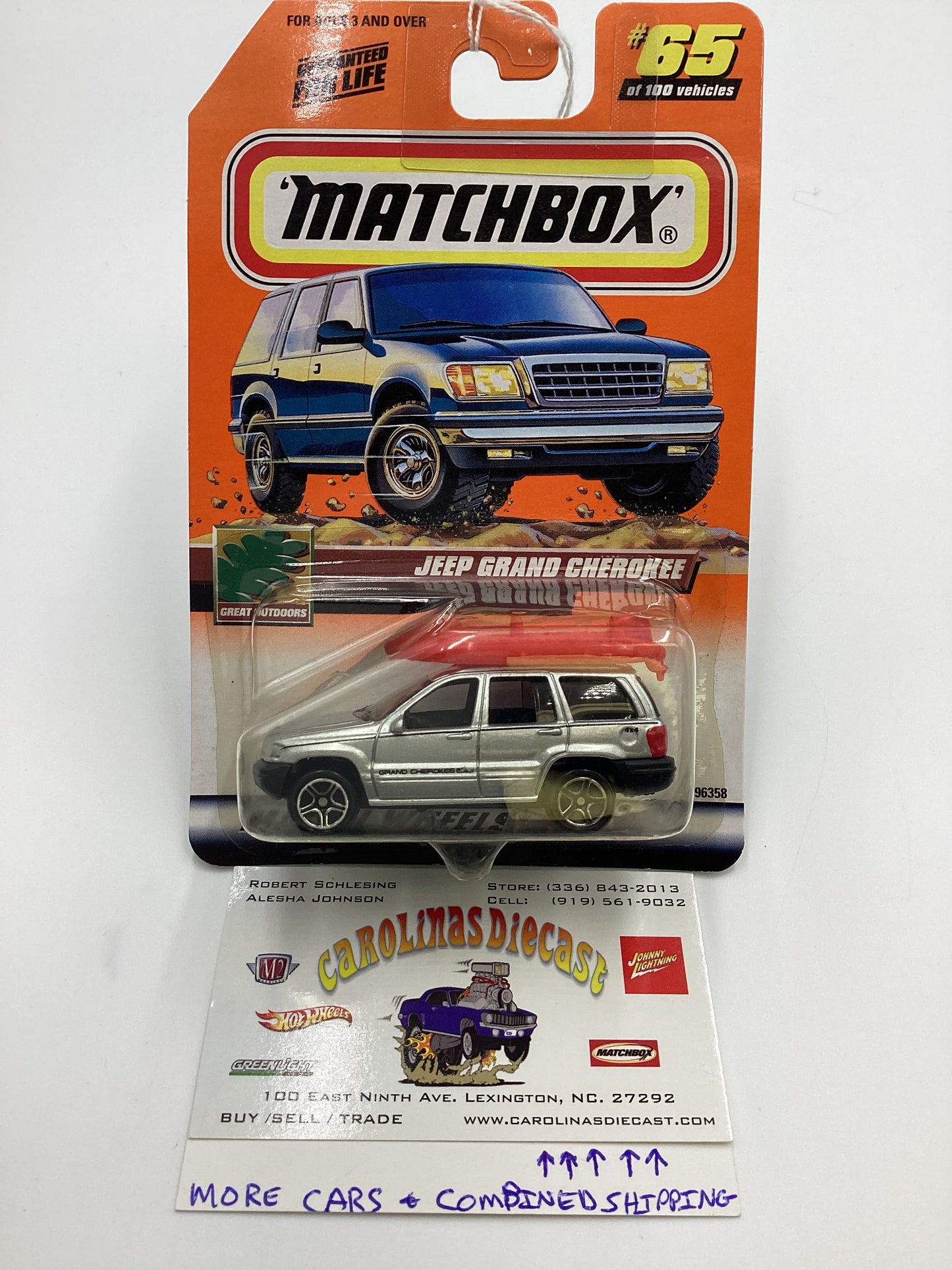1999 Matchbox #65 Jeep Grand Cherokee Silver W/ Roof Raft 210C