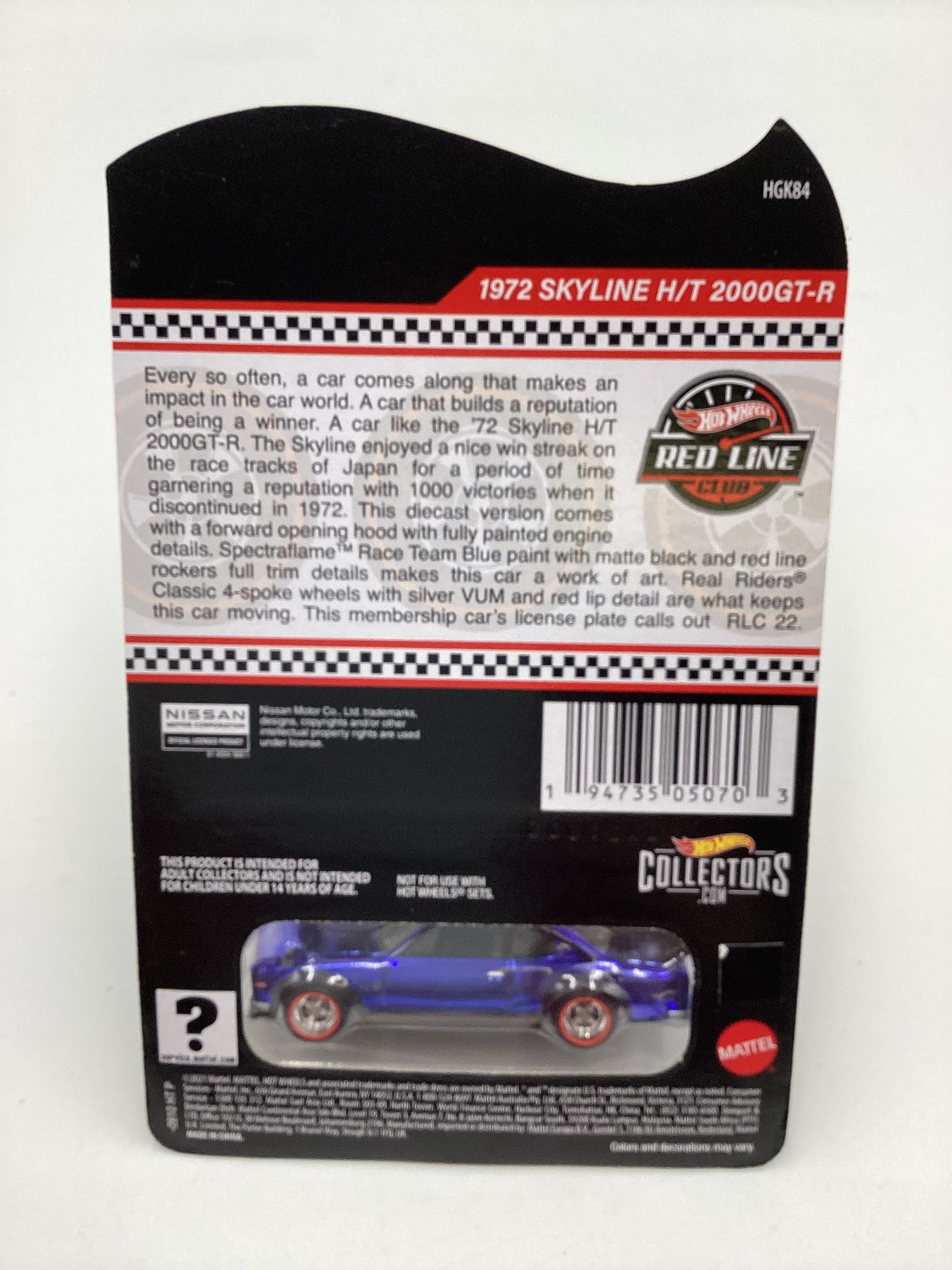 2022 Hot Wheels RLC Club Exclusive W/Patch & Button 1972 Skyline H/T 2000GT-R Blue with protector