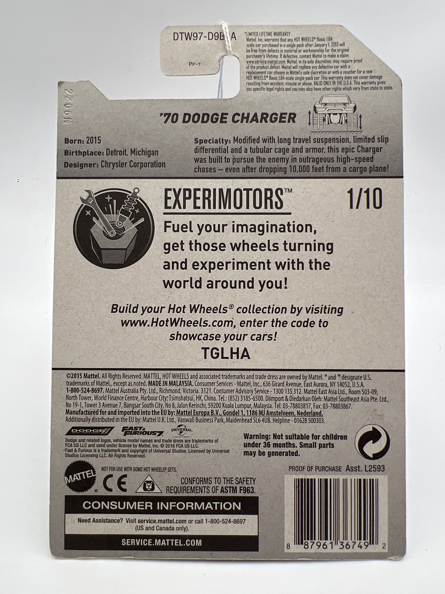 2017 Hot Wheels Experimotors #4 Fast & Furious 70 Dodge Charger Black 71C