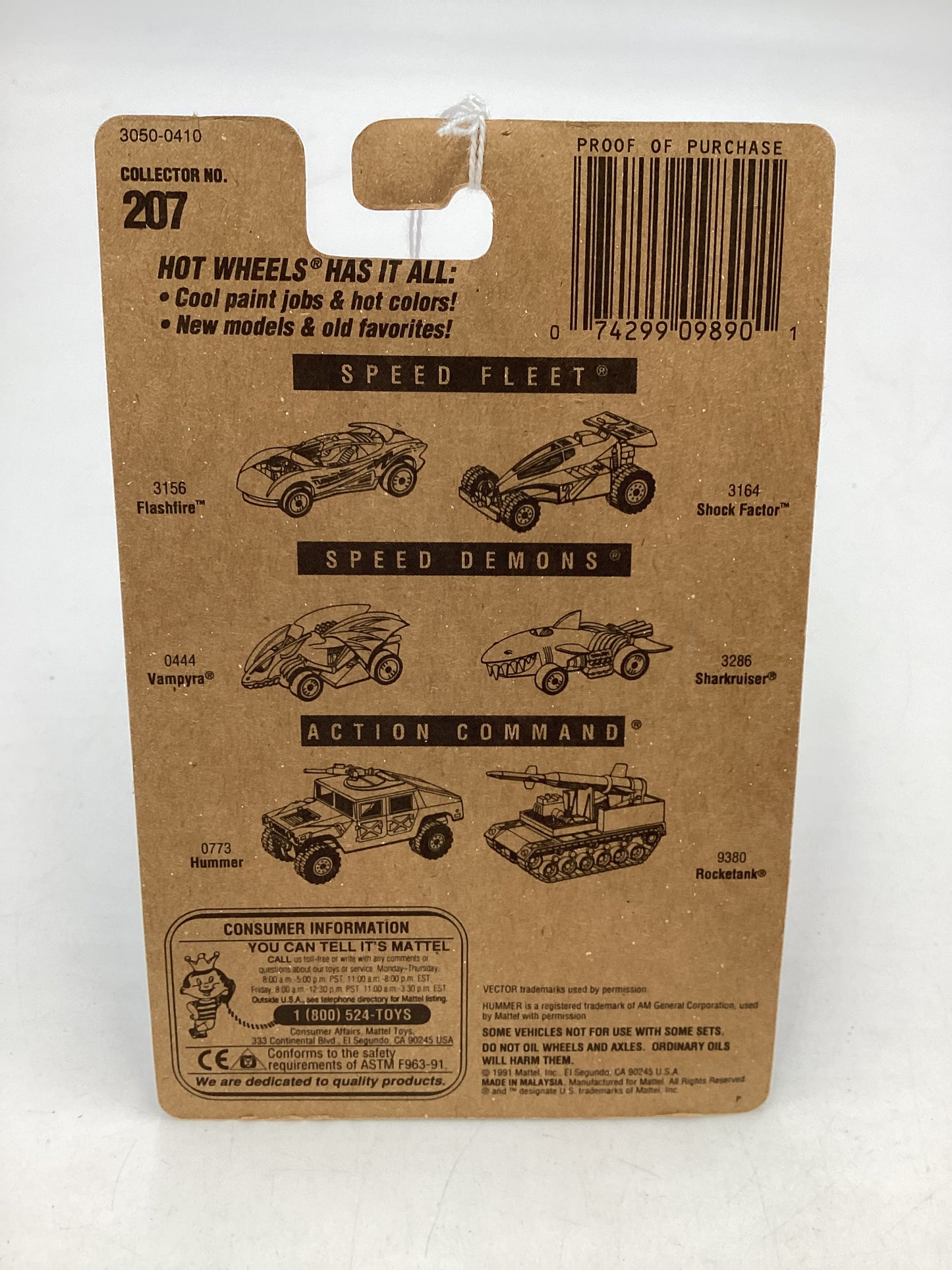 Hot Wheels Blue Card Collector No. 207 Vector Avtech WX-3 Purple UH Chrome Wheels