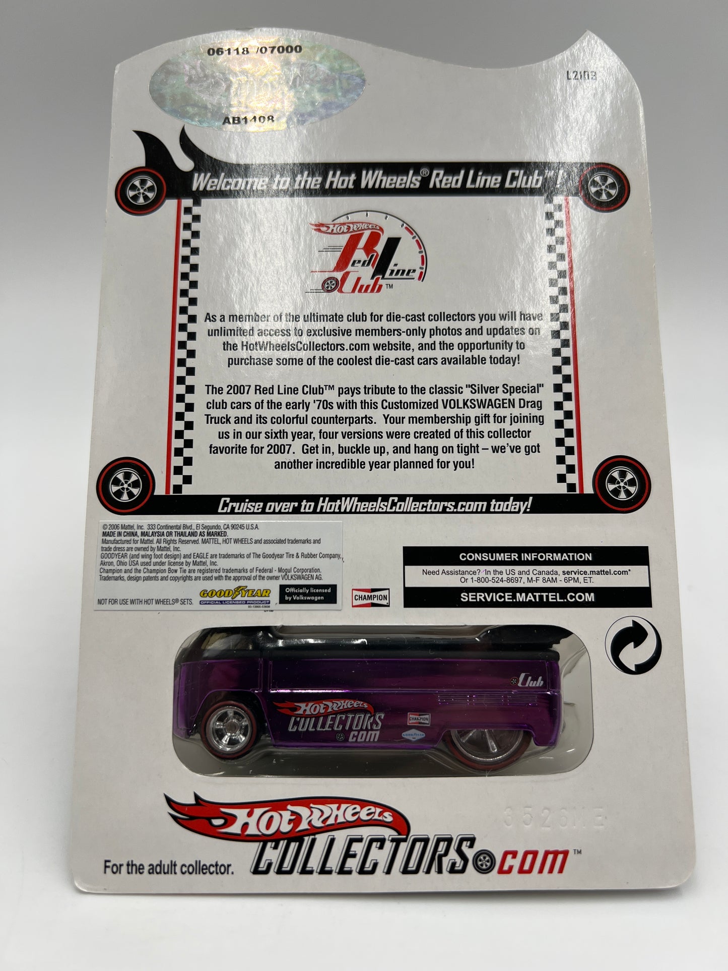2007 Hot Wheels RLC Club Car Customized Volkswagen Drag Truck Purple 6118/7000 W/Protector & Pin