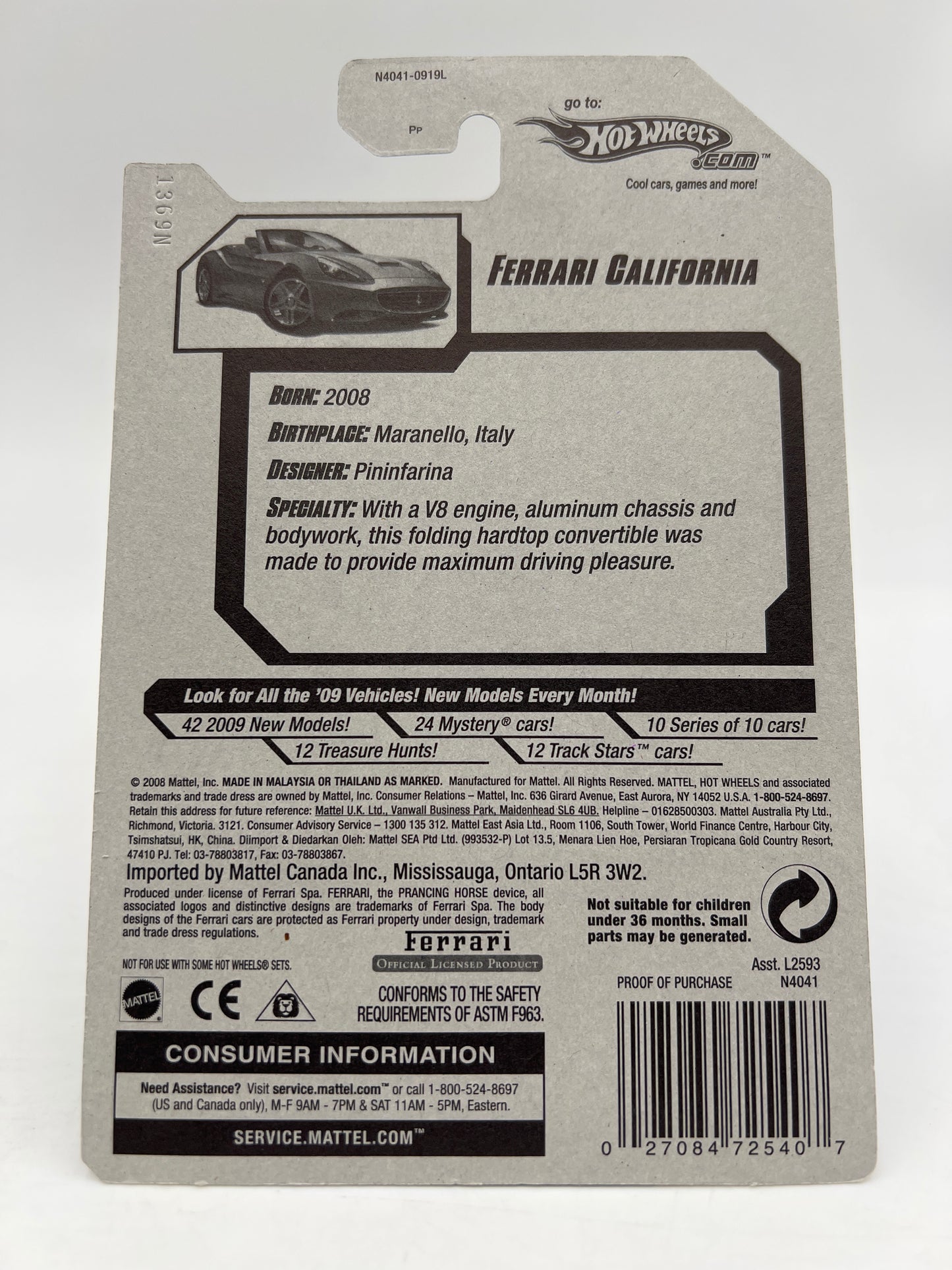 2009 Hot Wheels New Models #38 Ferrari California Red W/Protector SR