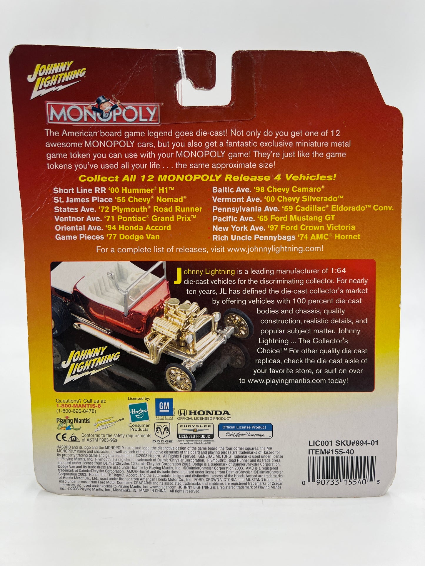 Johnny Lightning Monopoly 1998 Chevy Camaro Purple Card Not Perfect 188E