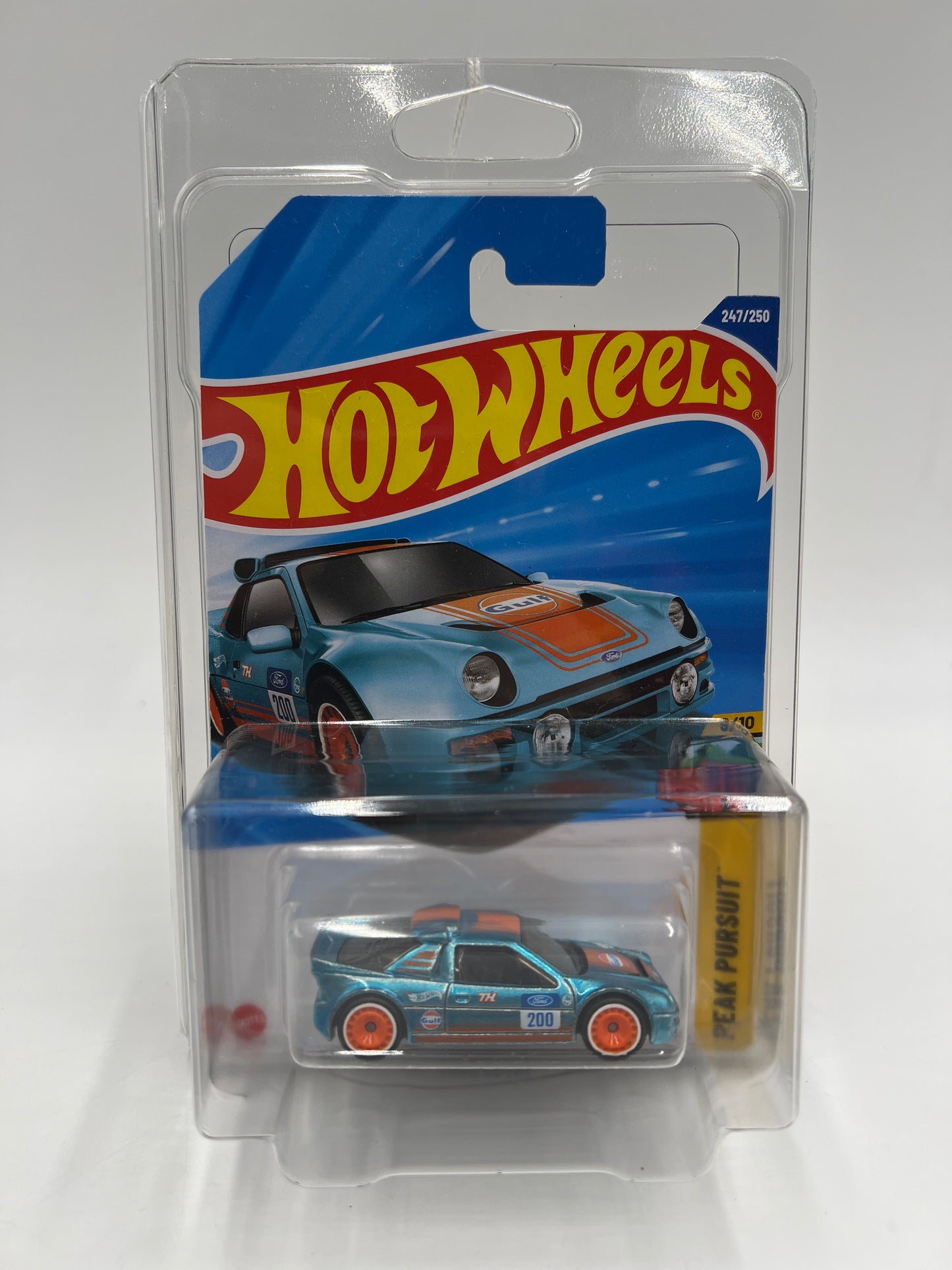 2025 Hot Wheels Super Treasure Hunt #247 Ford RS200 Gulf Blue W/Protector Intl Card