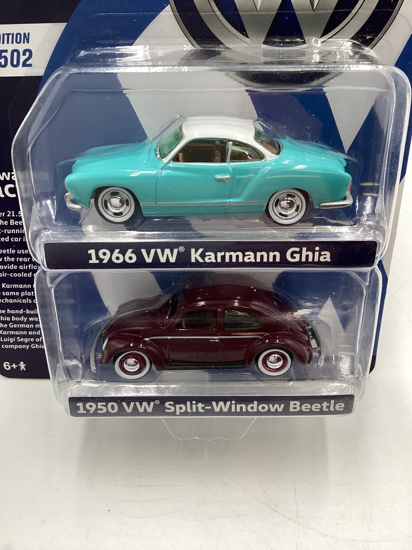 Johnny Lightning 2 Pack 1/2502 1966 VW Karmann Ghia Light Blue 1950 VW Split Window Beetle Maroon with protector