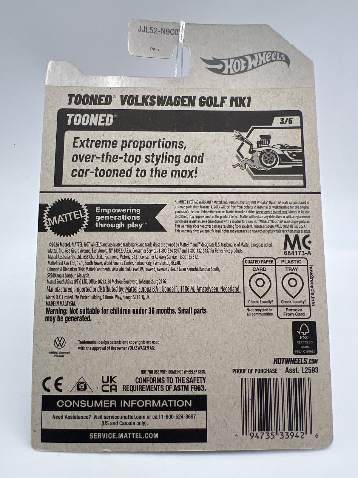 2026 Hot Wheels N Case #172 Tooned Volkswagen Golf MK1 Yellow