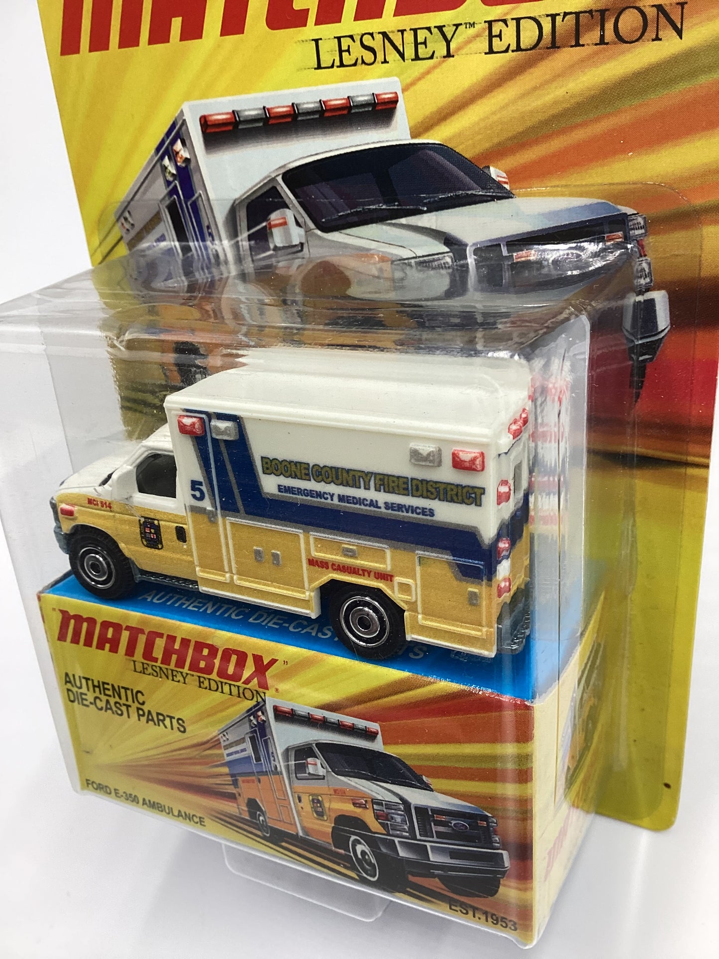 2011 Matchbox Lesley Edition Boone County Ford E-350 Ambulance Yellow