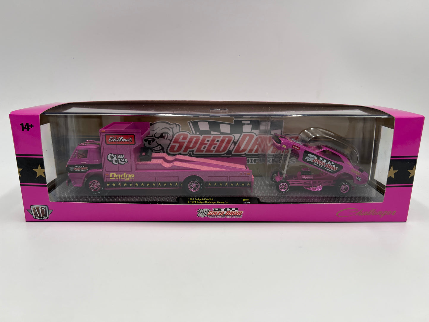 M2 Machines Auto Haulers Speed Dawg CHASE 1966 Dodge L600 COE & 1971 Dodge Challenger Funny Car Pink R86