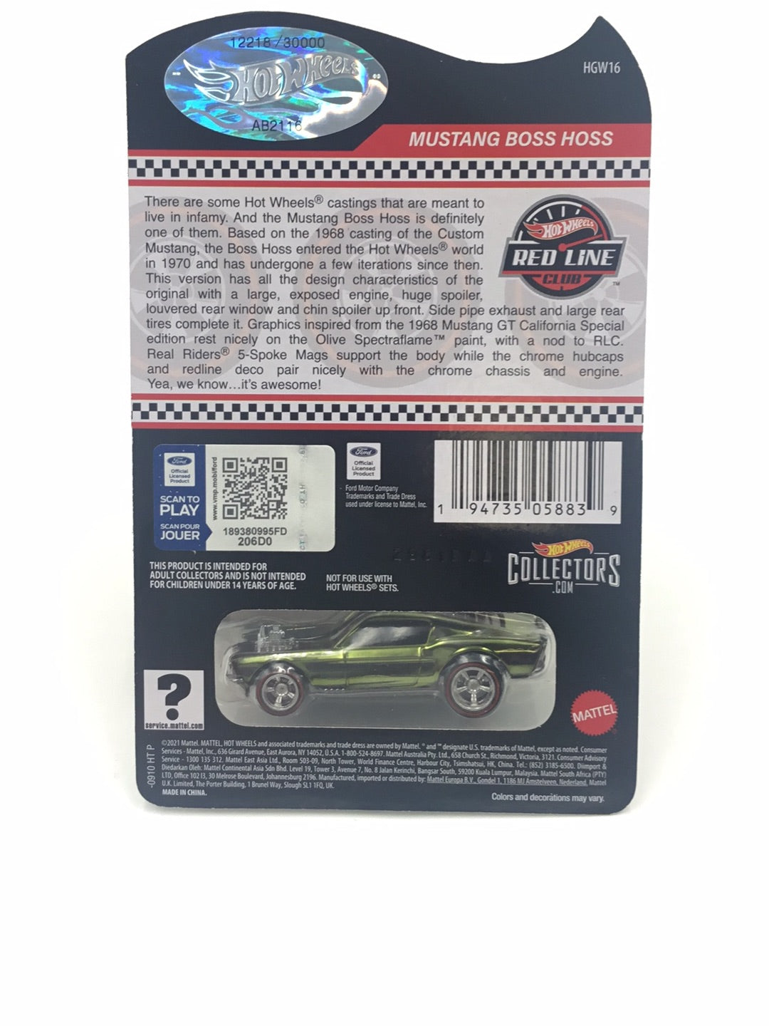 Hot wheels redline club Mustang Boss Hoss 12218/30000 with protector