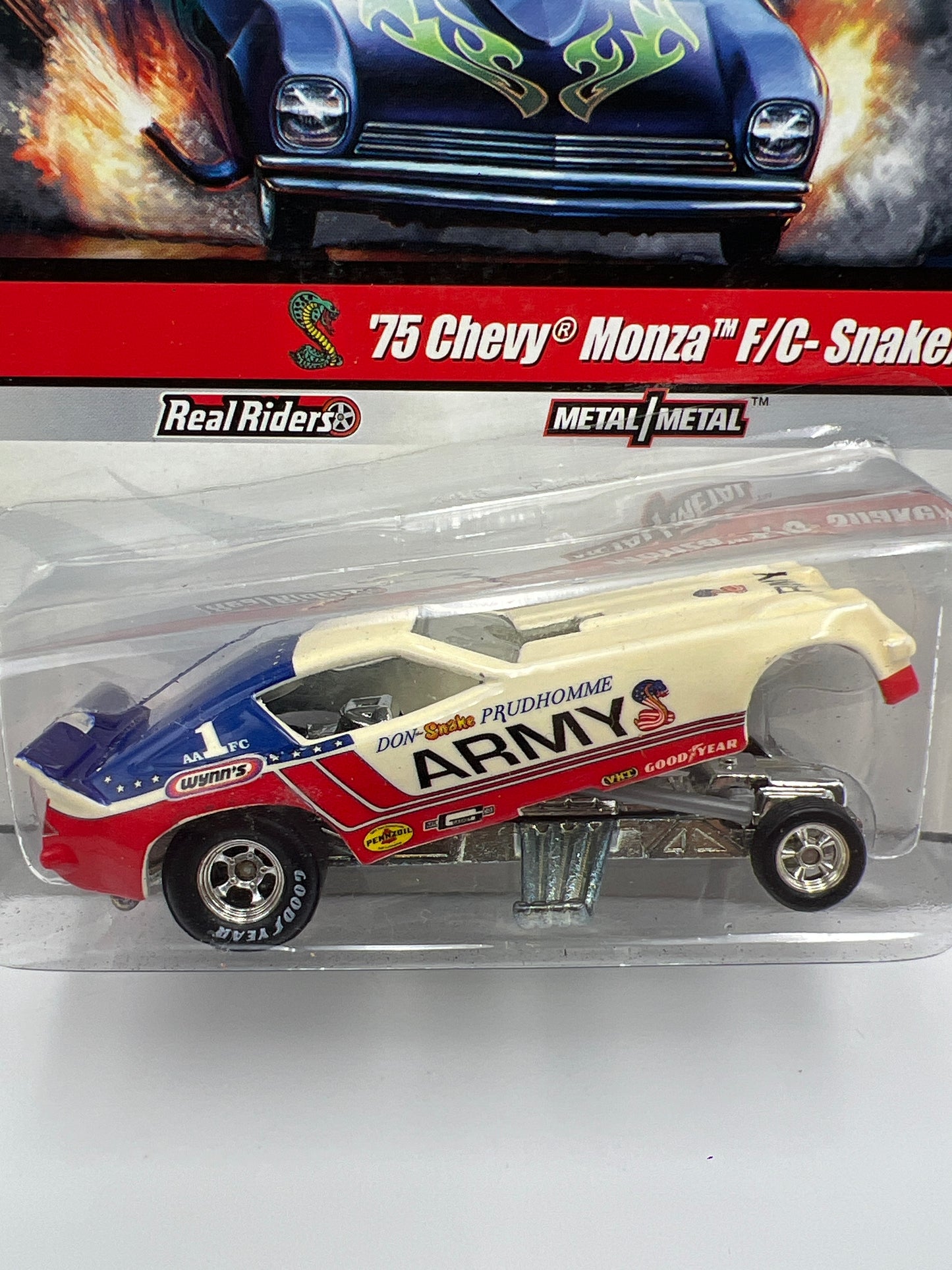 Hot Wheels Drag Strip Demons #6 75 Chevy Monza F/C Snake/Army W/Protector