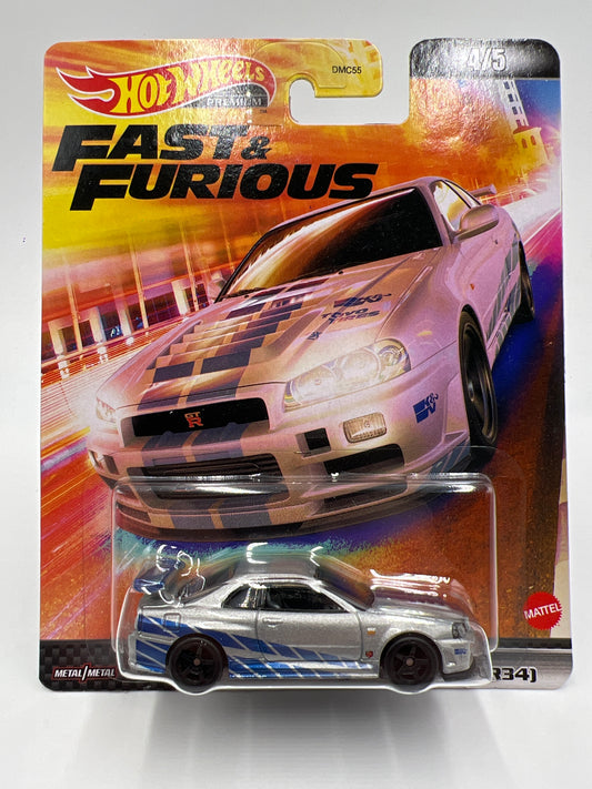 Hot Wheels Premium Fast & Furious #4 Nissan Skyline GT-R BNR34 Silver/Blue W/Protector