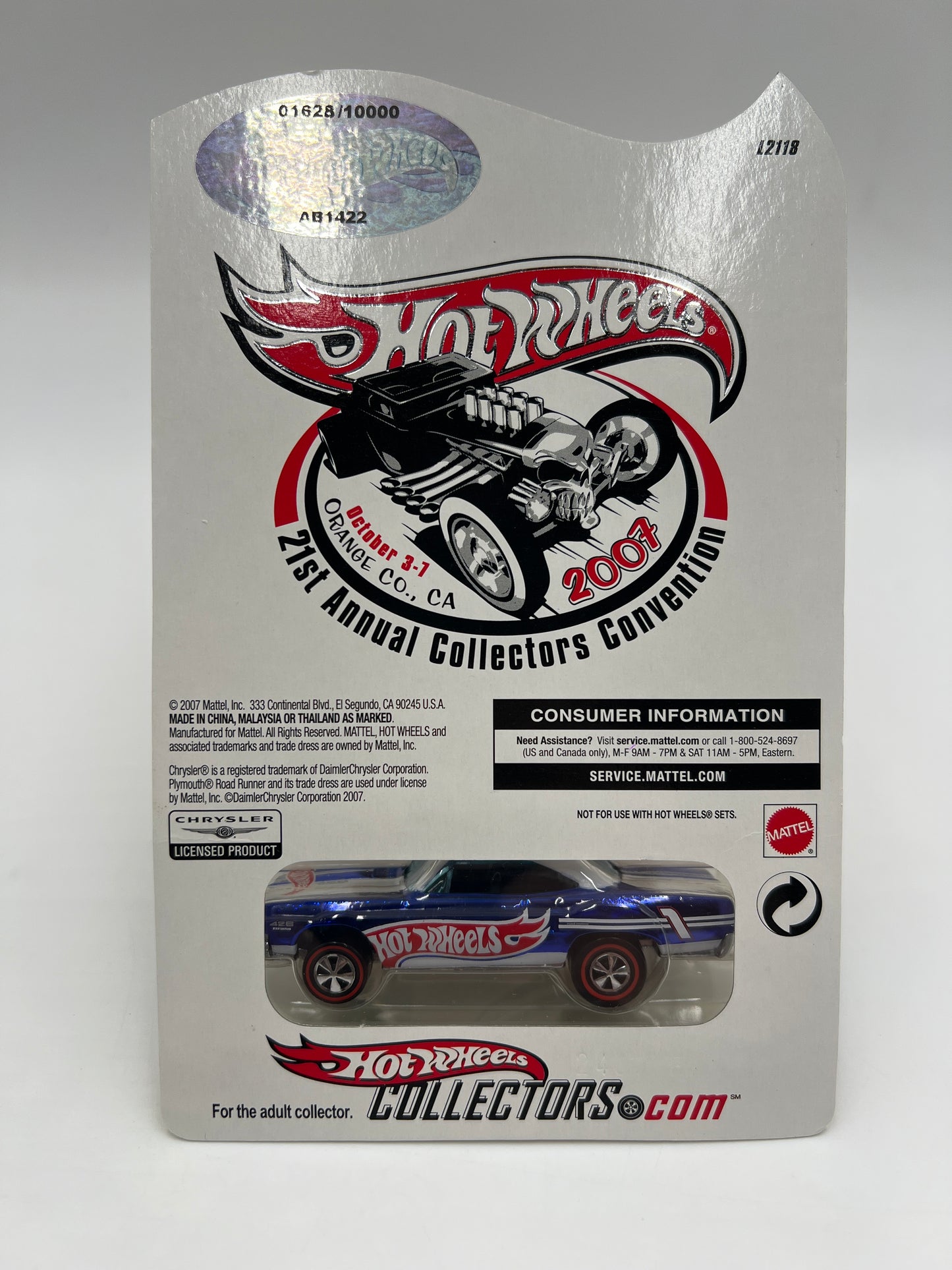 2007 Hot Wheels 21st Annual Collectors Convention 1628/10000 70 Plymouth Road Runner Blue W/Protector