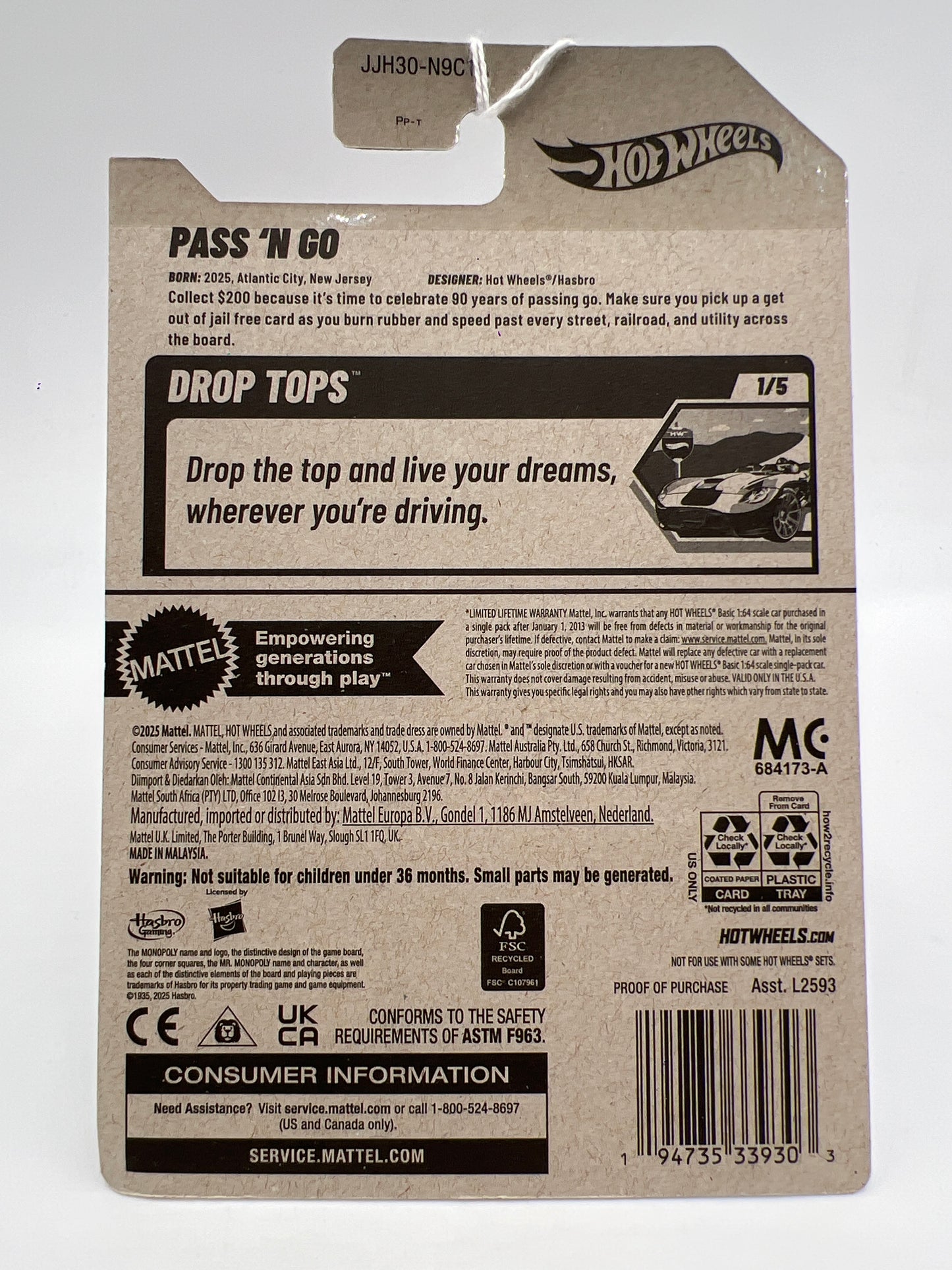 2026 Hot Wheels A B Case Drop Tops #5 Monopoly 90th Anniversary Pass N Go 121F