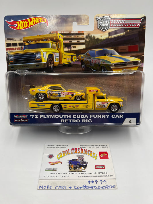 Hot Wheels Car Culture Team Transport #4 72 Plymouth Cuda Funny Car Snake & Retro Rig W/Protector