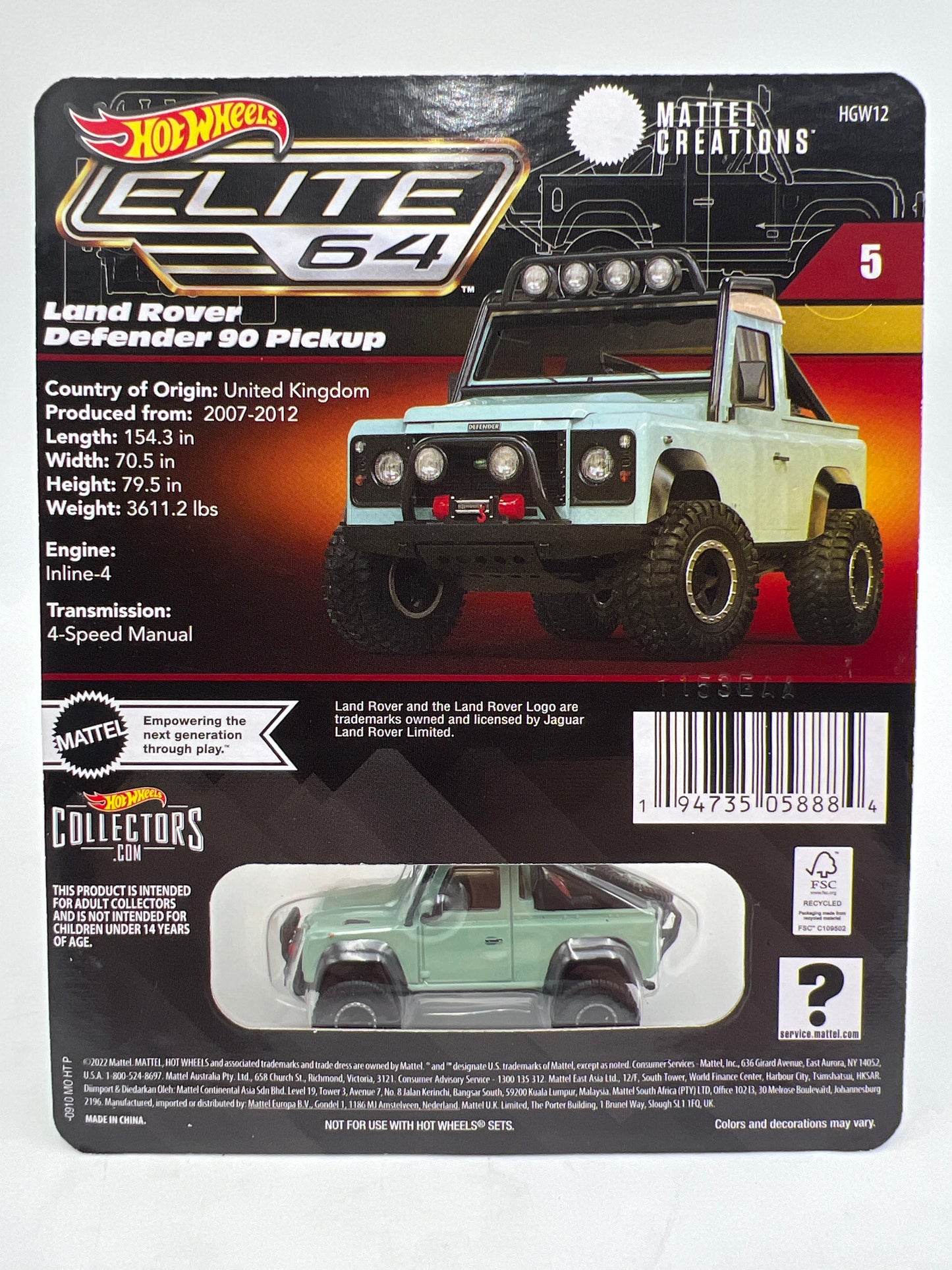 Hot Wheels RLC Elite 64 #5 Land Rover Defender 90 Pickup Green W/Protector