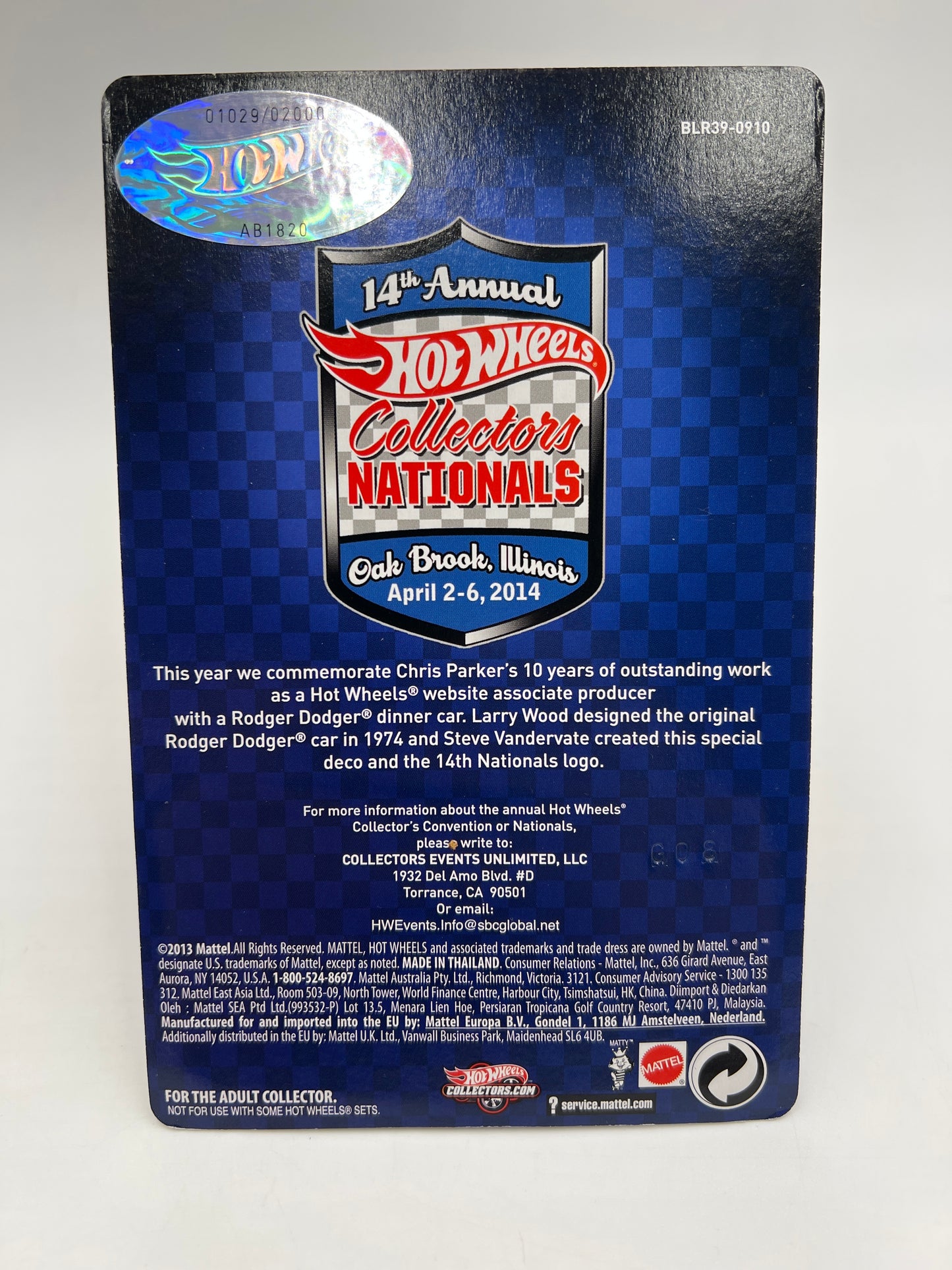 2014 Hot Wheels 14th Annual Collectors Nationals 1029/2000 Rodger Dodger Blue W/Protector