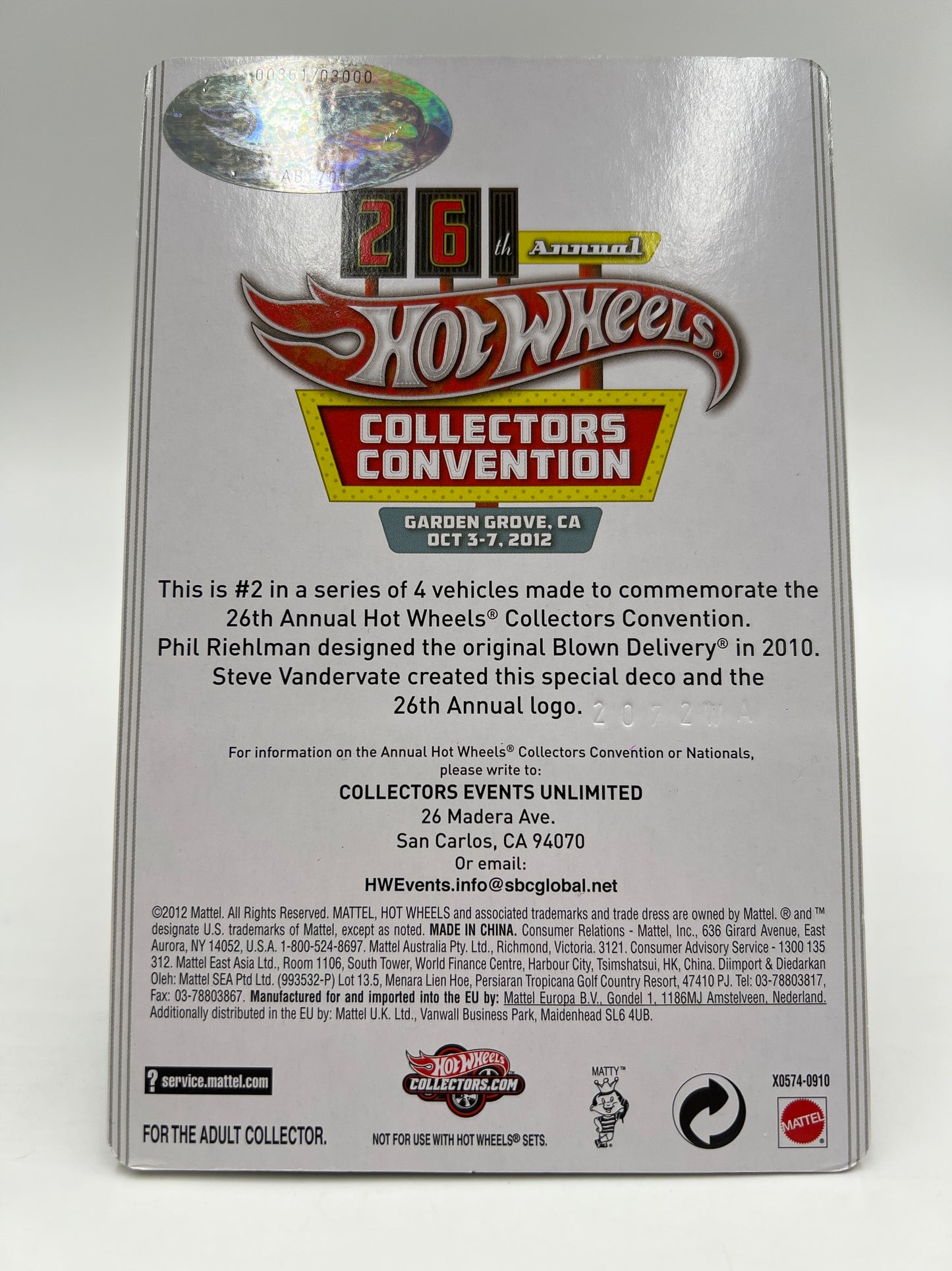 2012 Hot Wheels 26th Annual Collectors Convention #361/3000 Blown Delivery Yellow W/Protector
