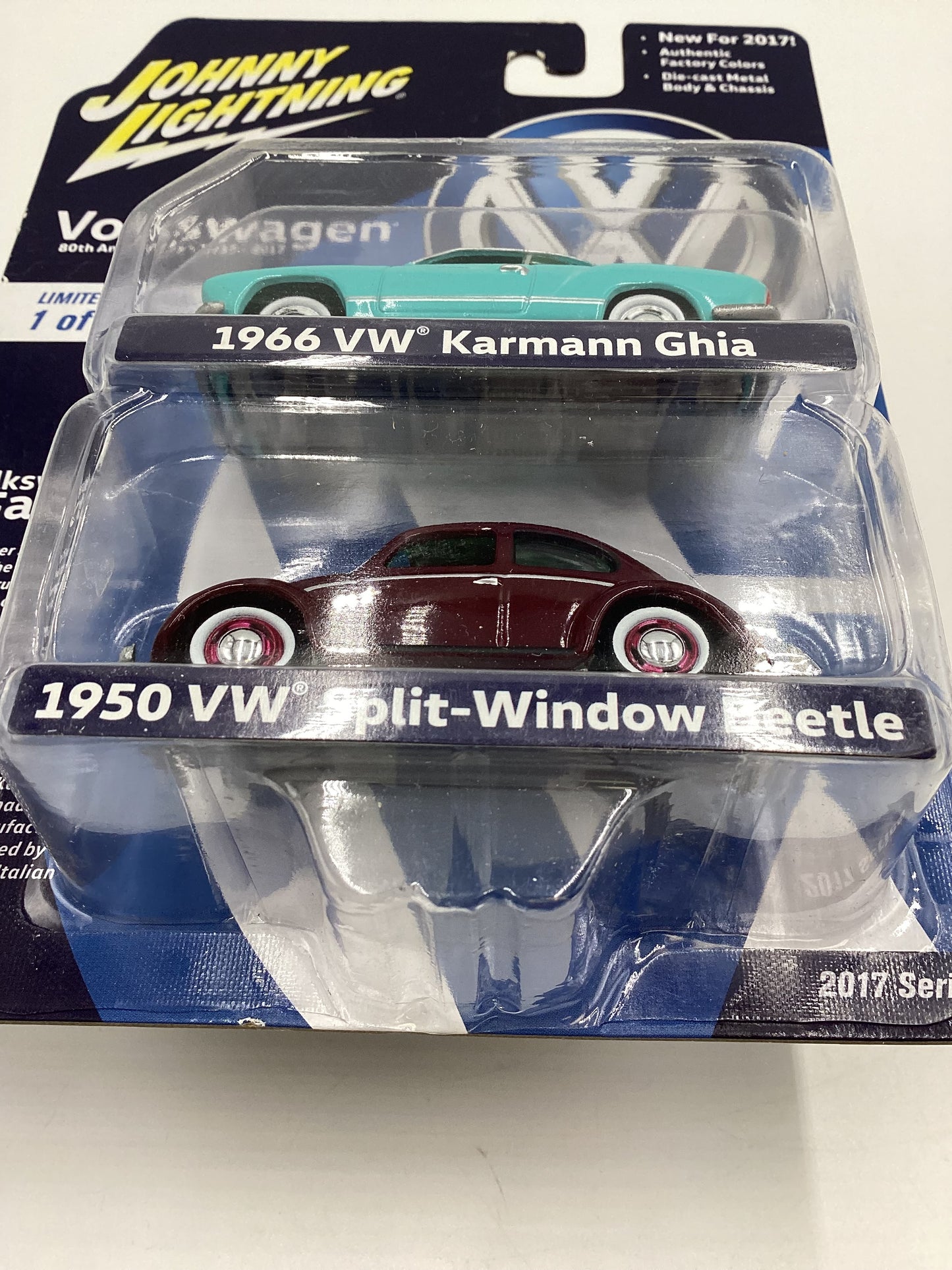 Johnny Lightning 2 Pack 1/2502 1966 VW Karmann Ghia Light Blue 1950 VW Split Window Beetle Maroon with protector