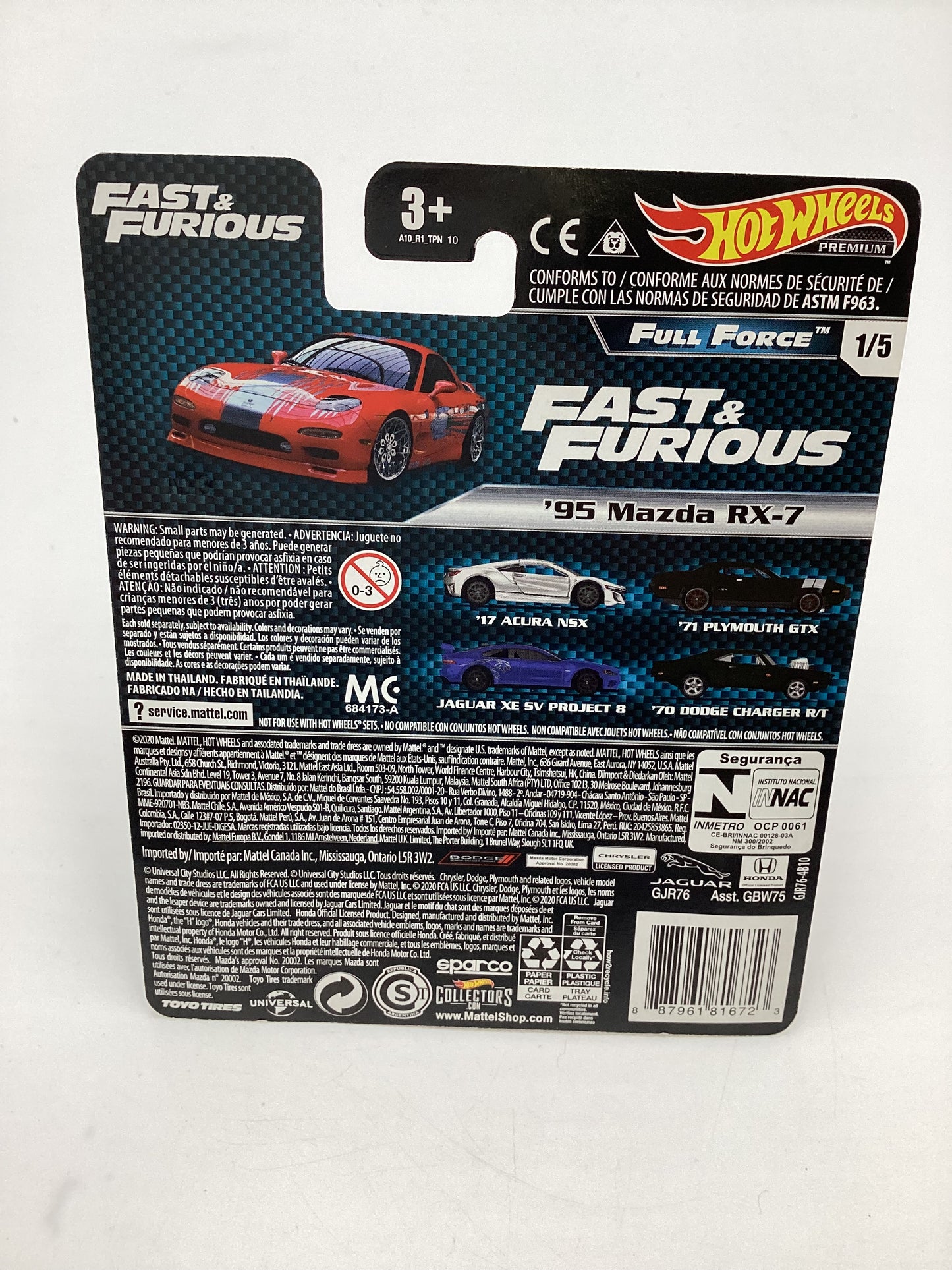 Hot Wheels Fast & Furious Full Force #1 95 Mazda RX-7 Red W/Protector