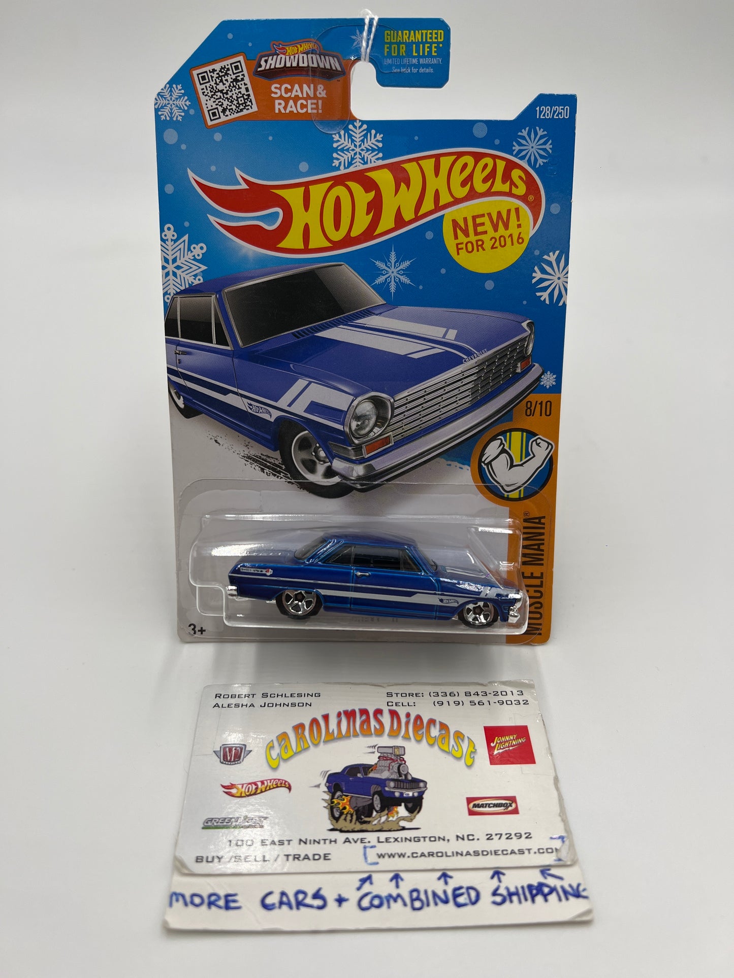 2016 Hot Wheels Muscle Mania #128 63 Chevy II Blue Target Snowflake Card 238D