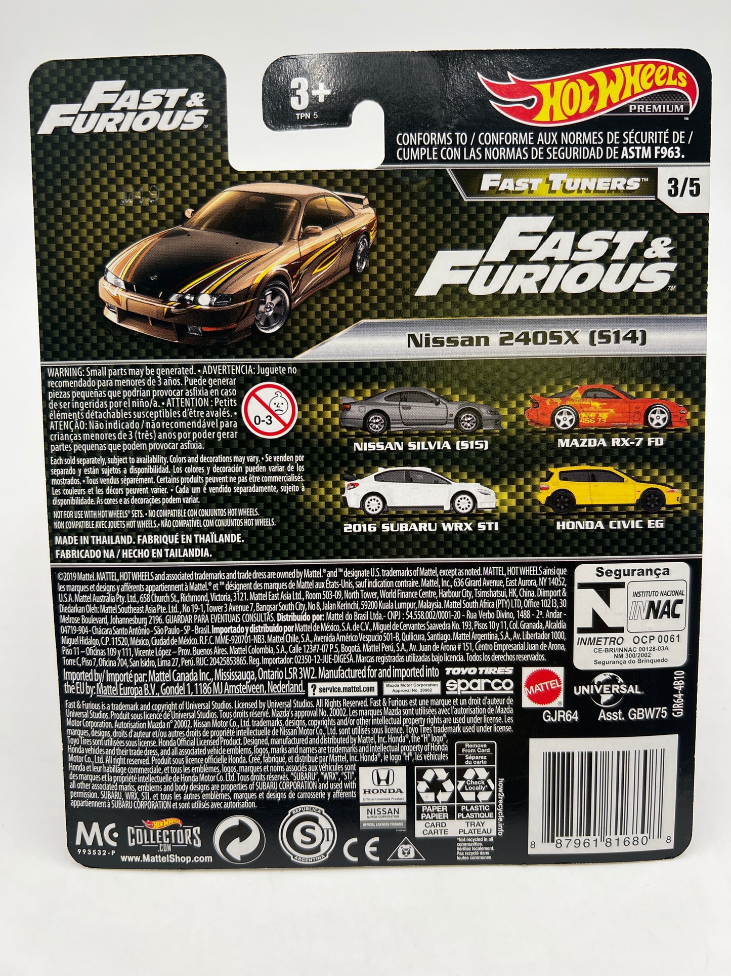 Hot Wheels Fast & Furious Fast Tuners #3 Nissan 240SX S14 Gold W/Protector