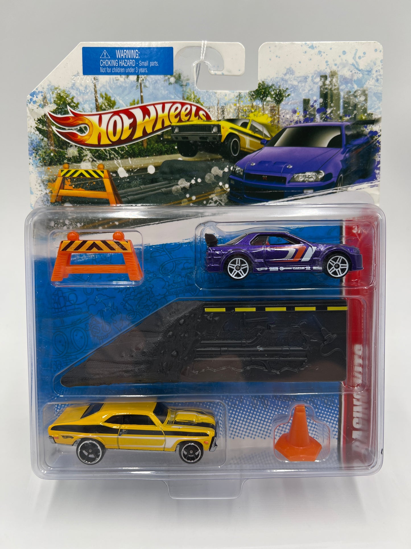 2011 Hot Wheels Racing Kits #3 Street Race Nissan Skyline R32 Purple / 68 Chevy Nova Yellow VHTF