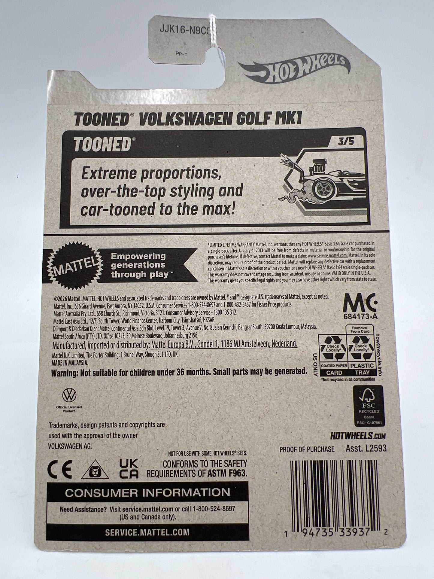 2026 Hot Wheels H Case #172 Tooned Volkswagen Golf MK1 White 97G